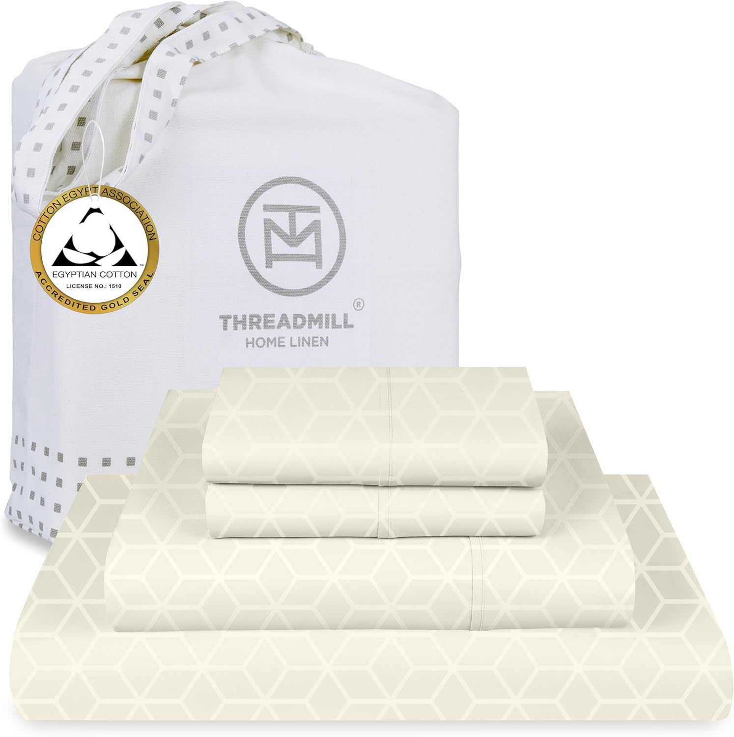 Threadmill Egyptian Cotton Queen Sheet Set | 100% Certified Egyptian Cotton Bed Sheets for Queen Size Bed | Queen Sheet Set with Deep Pocket | Soft Cooling Damask Jacquard Bedding Set | Ivory
