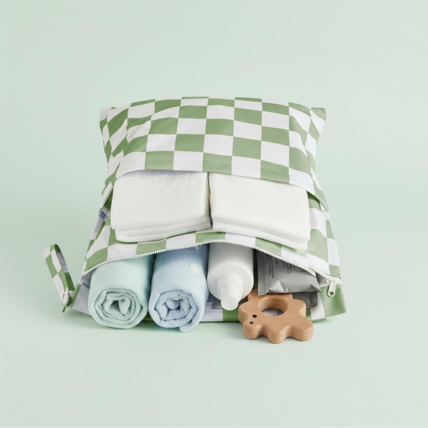Ohocut Sage Green Checkered Waterproof Wet Dy Diaper Bag for Baby Essentials, Travel, Swimsuit, Beach Bag Accessories, Aesthetic Trendy Cute Toddler Baby Cloth Bag Pouch, Pack of 2
