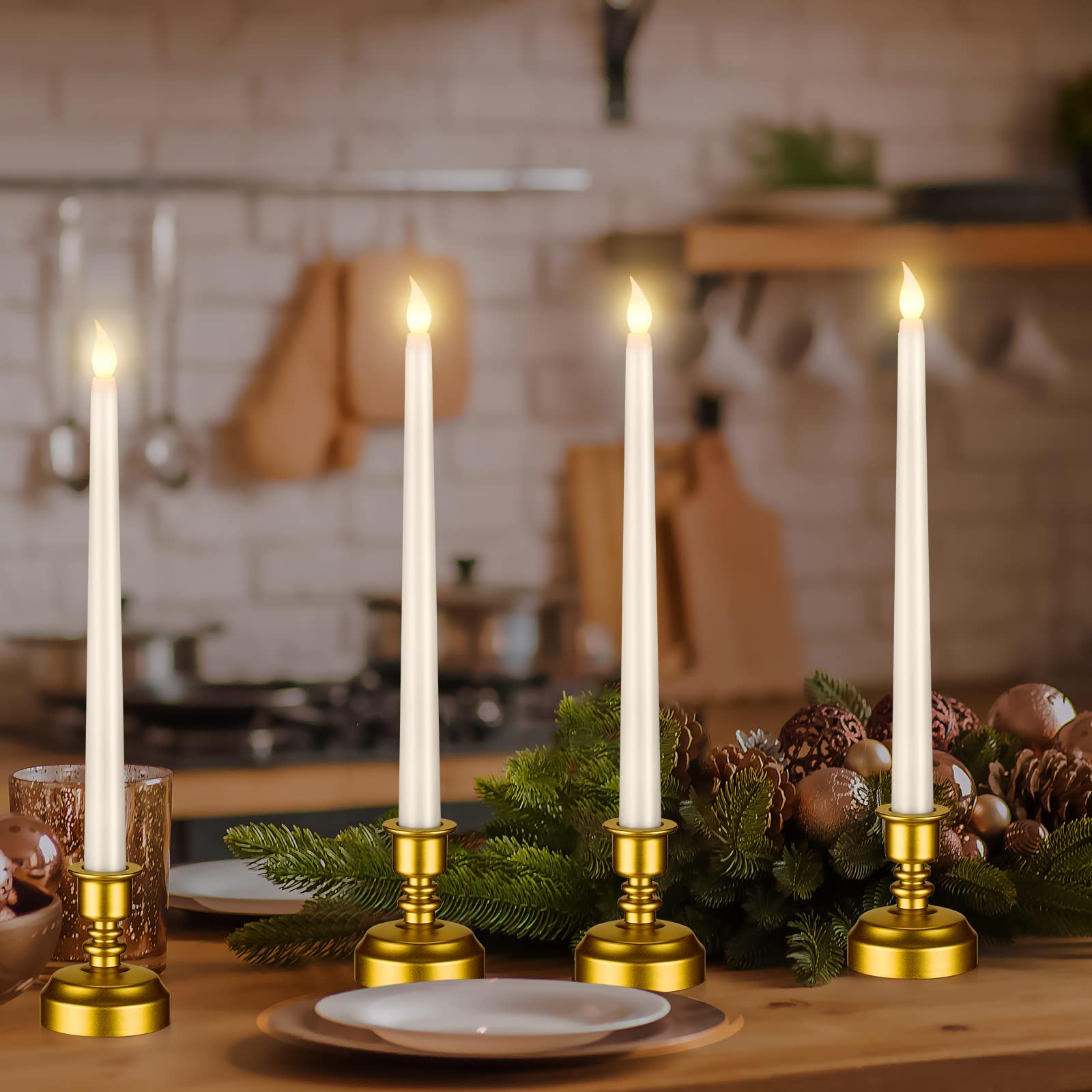 16 Pcs Window Candles with Gold Base Flickering Flameless Candles Battery Powered Taper Candles Battery Operated LED Candlesticks for Halloween Christmas Valentine Wedding Party Decorations (White)