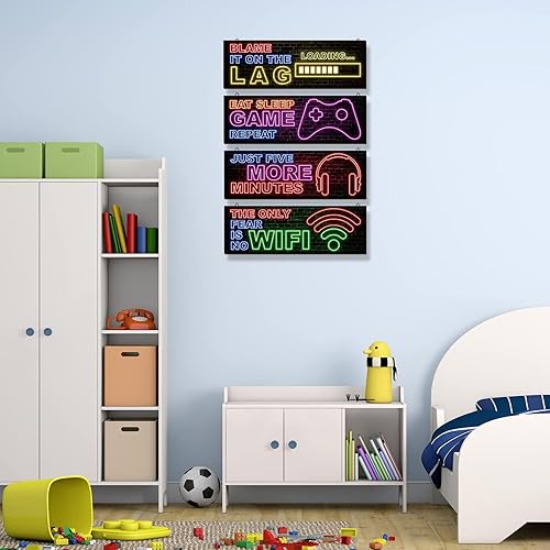 Miniatura 6 de 4 piezas de decoración de juegos de neón para habitación de niños, arte de pared de videojuegos de madera, citas motivacionales, placas colgantes