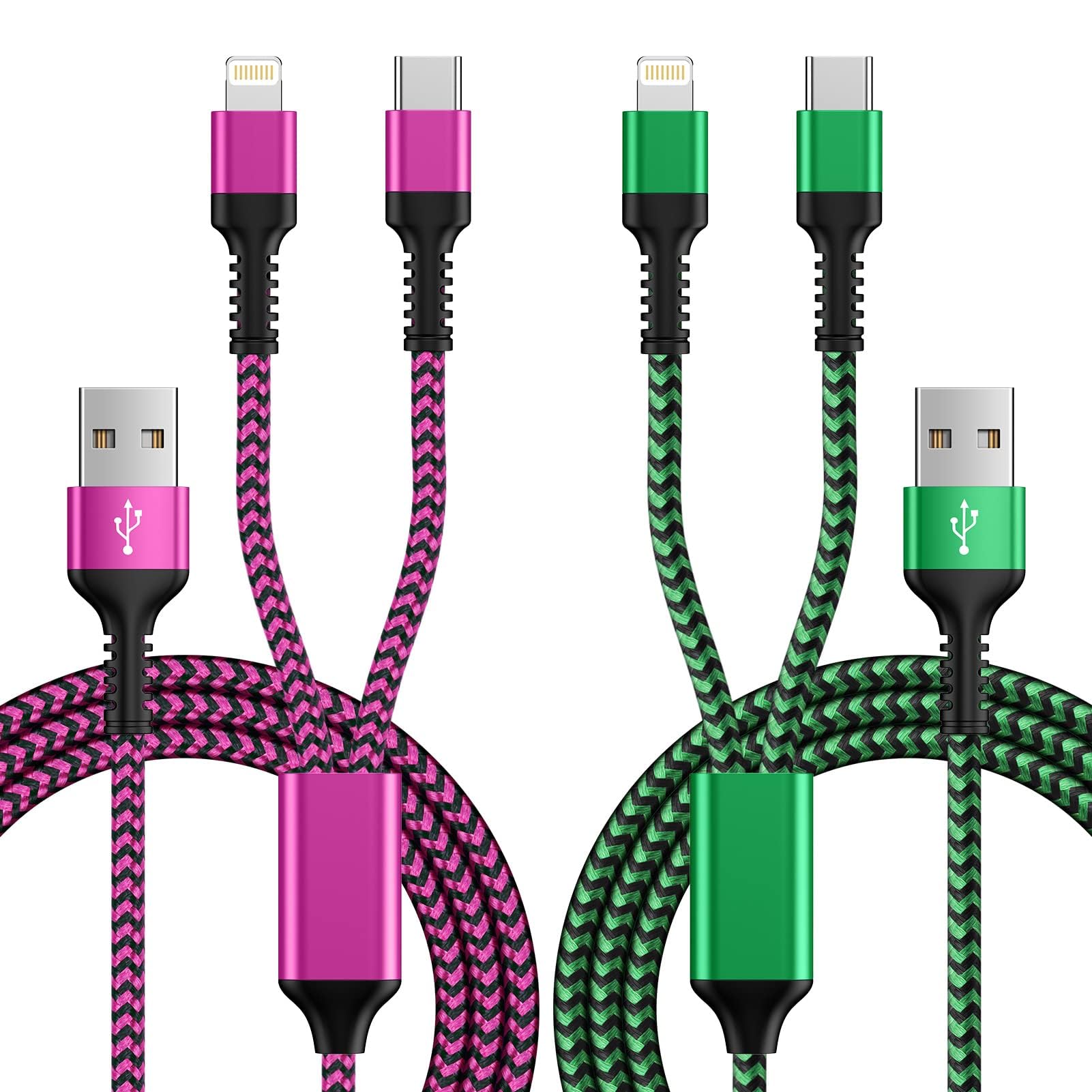 2in1 充電ケーブル iPhone用+Android用 2台同時充電コード 1.2m/2本セット 最大5.4A 急速充電 高耐久ナイロン編み USB ライトニングケーブル iPad充電器ケーブル 多機能 2-in-1 Lightning & Type-C アイフォン充電 iPhone17/16/15 /14/14Pro/13/12/11/XS iPad Galaxy,タイプcなど機種対応