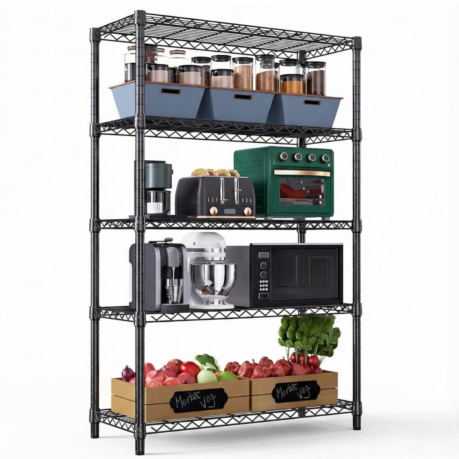 Heavy Duty Boltless Foldable Height Adjustable Wire Shelving Storage Organizer Rack Shelves Shelf For Multi purpose Storage For Kitchen Office And Garage (5 shelf) 30x14x60 inch Black