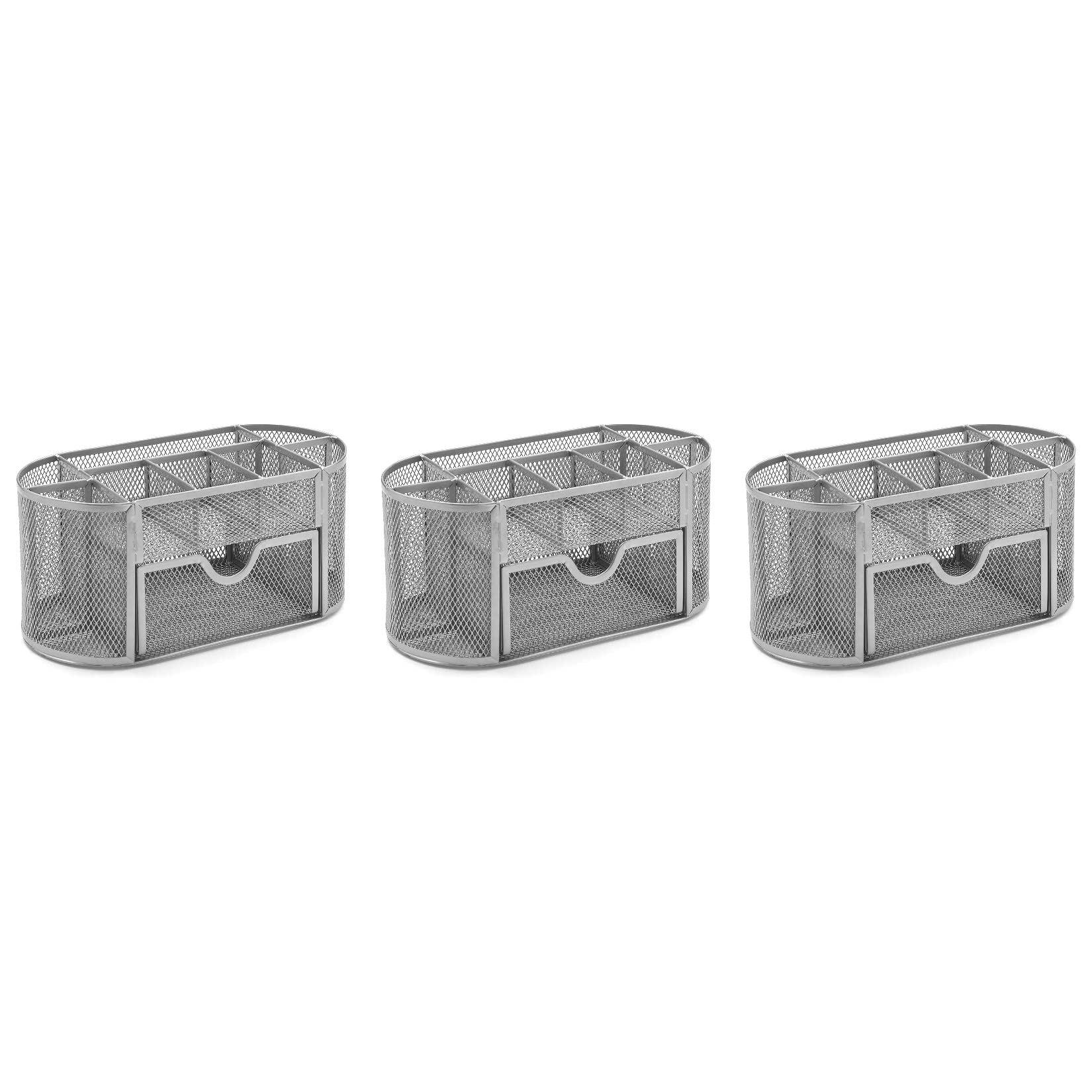Osco Silver Wire-Mesh Desk Organiser With Drawer – 8 Compartment Metal Mesh Desk Tidy & Office Storage Pen Holder For Home, Office, Study, Rulers, Scissors, Smartphone – 3 Pack,