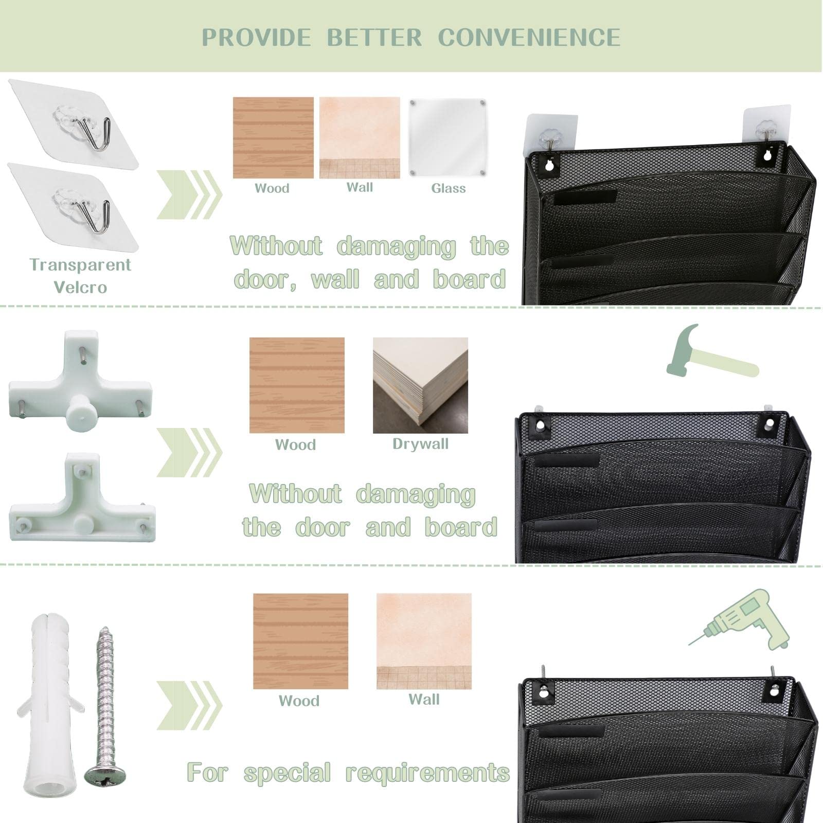 Porte Documents Mural, 5 Niveaux Porte-revues mural, corbeilles à courrier Fixation murale maille métallique durable, Noir