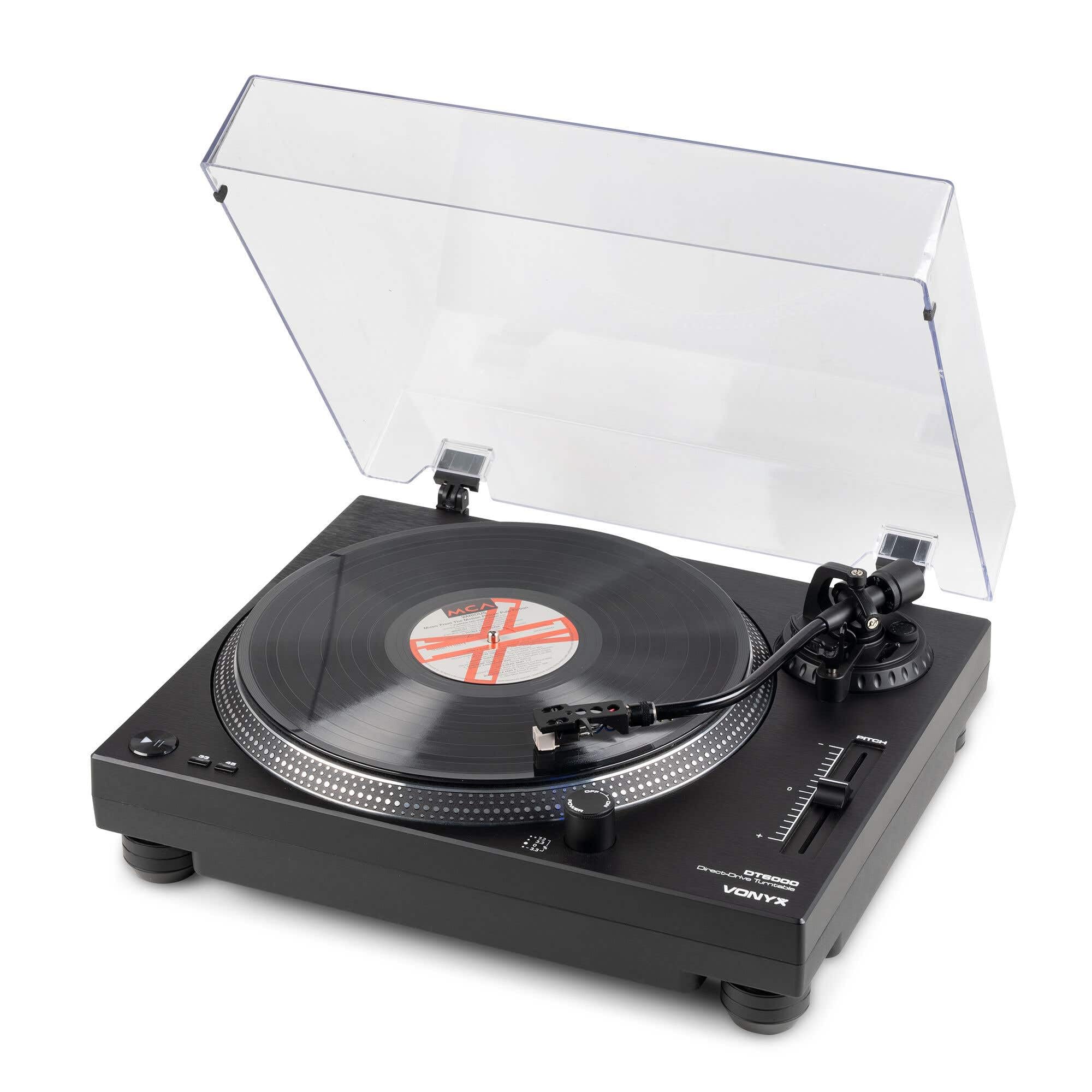 Vonyx DT6000 – Tocadiscos de Vinilo con tracción Directa, cápsula Audio Technica, USB para digitalizar, preamplificador Phono/línea y Pitch Control, Ideal para DJ Profesional o HiFi, Color Negro