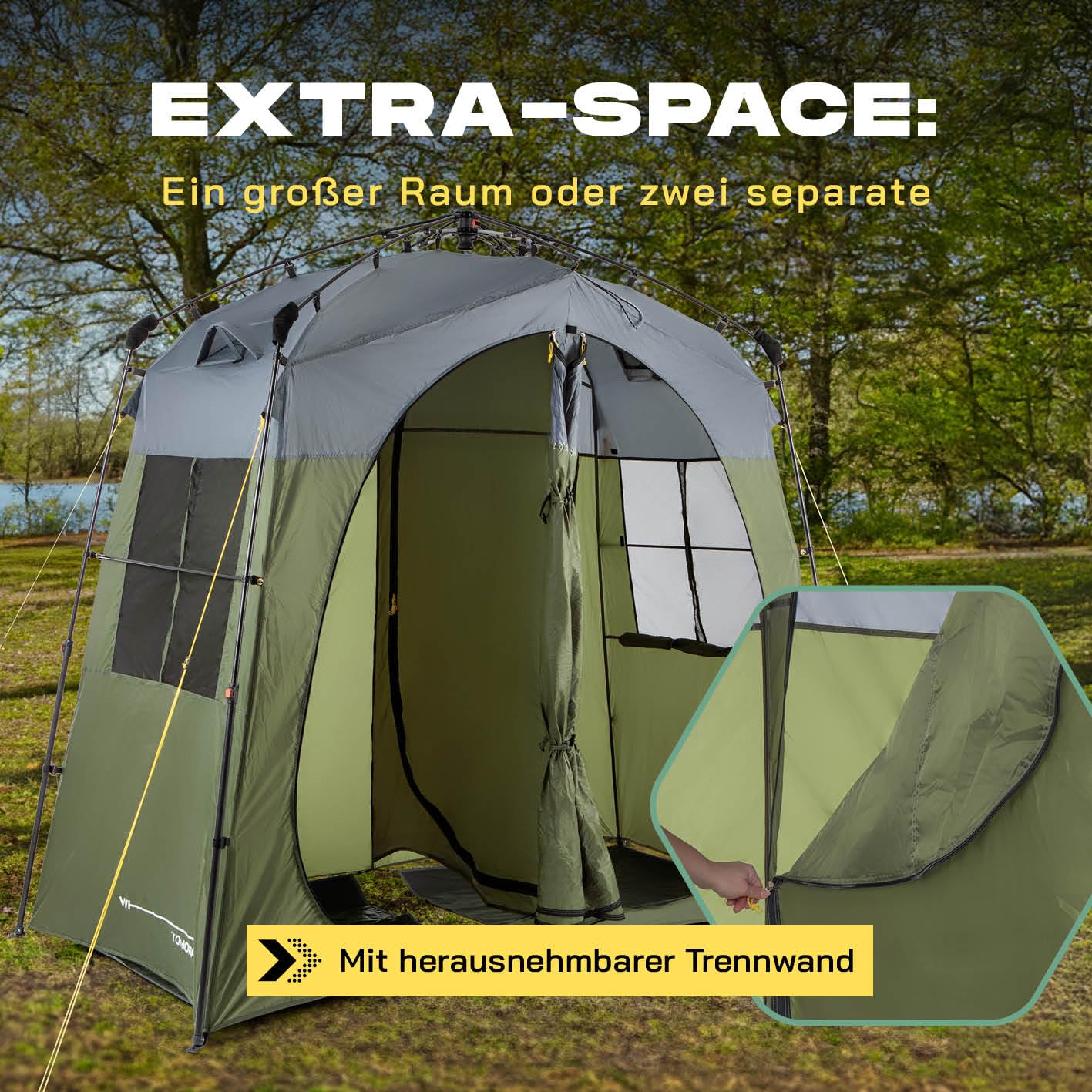 LUMALAND Tenda da doccia di alta qualità + doccia da campeggio con batteria, ideale per campeggio, festival e pesca, impermeabile e antivento, tenda per WC per interni ed esterni, con doccia esterna e