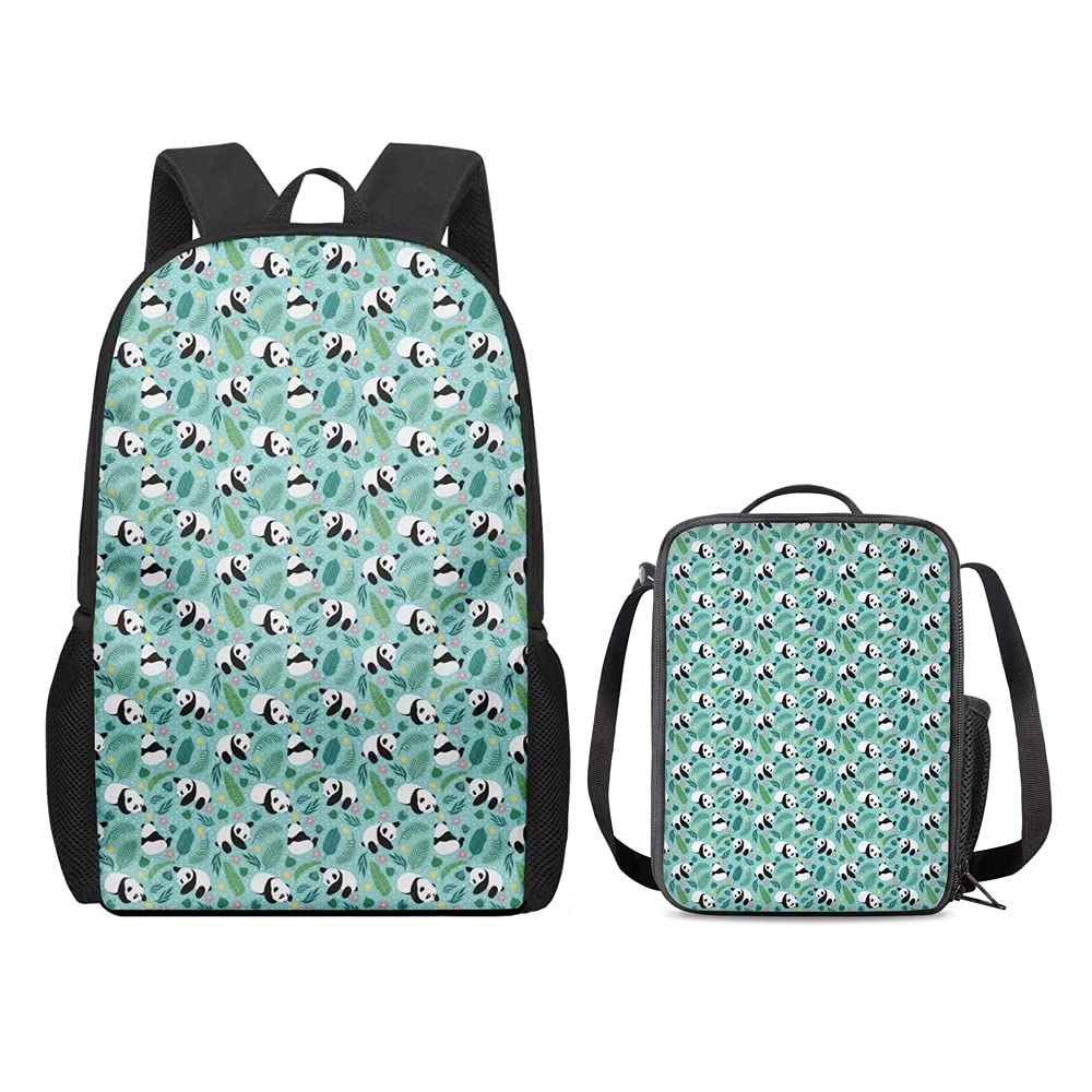 Amzbeauty Middle School Backpack Suit Panda Bookbag Durable Tear Resistant Shoulderbag + Small Insulated Lunch Box,Teal