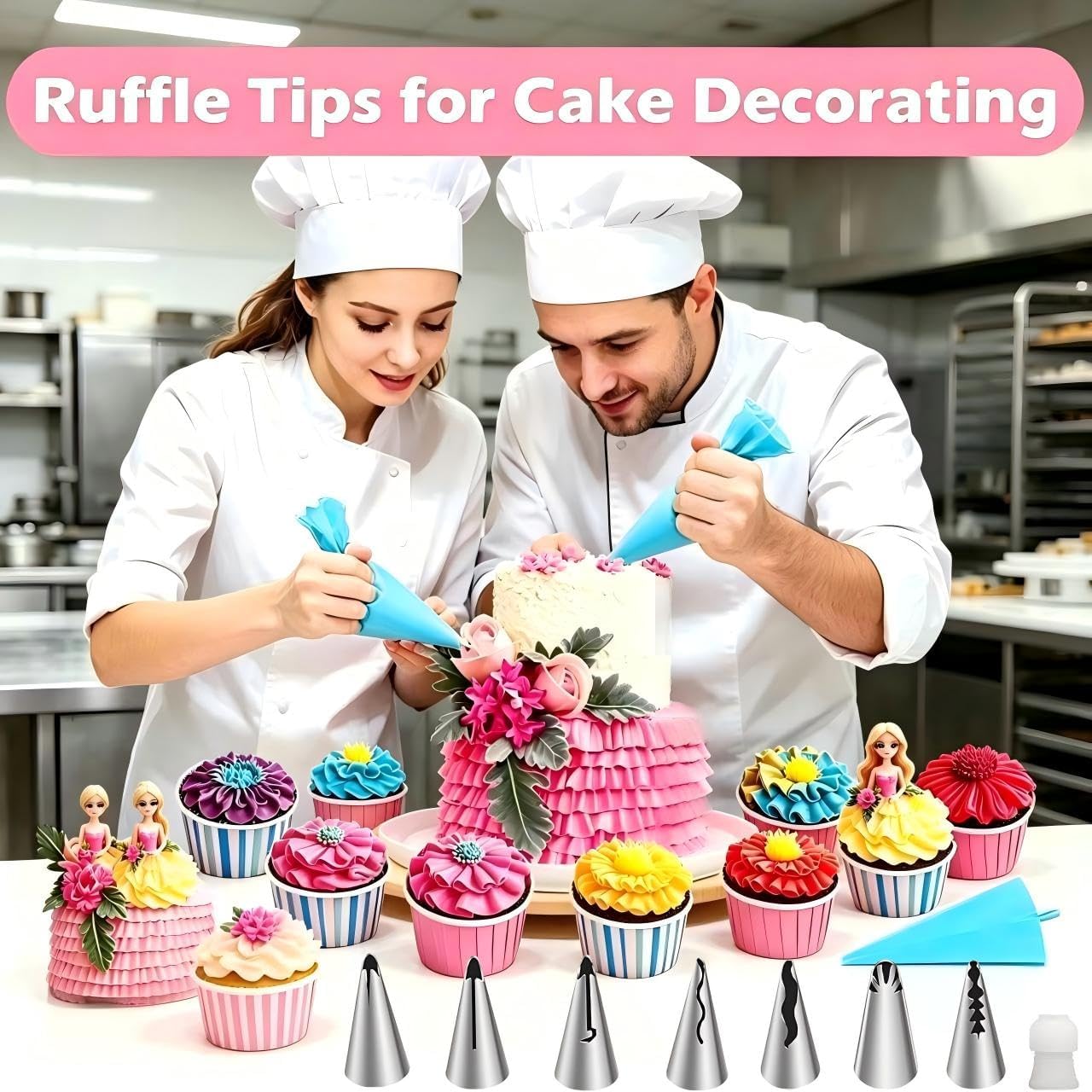 10Pcs Pleated Skirt Ruffle Piping Tips, 304 Stainless Steel Vintage Nozzles with Coupler, Cleaning Brush & Reusable Silicone Piping Bags for Cupcakes, Cookies & Pastry image 2