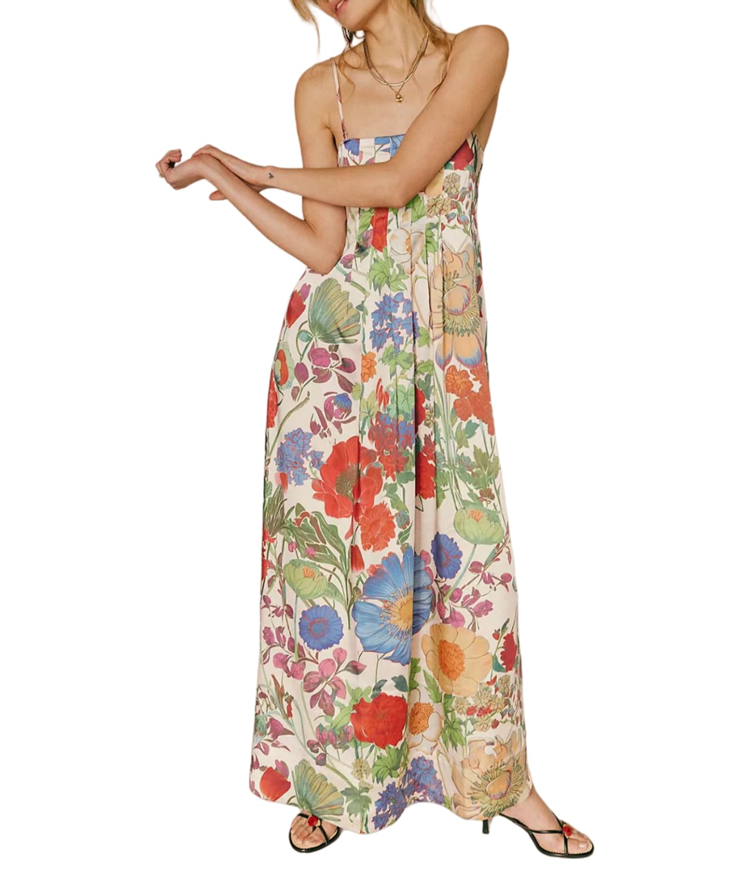 Women Floral Boho Maxi Dress Sexy Sleeveless Backless Sundress A-Line Long Flowy Back Cut Out Spaghetti Strap Dress