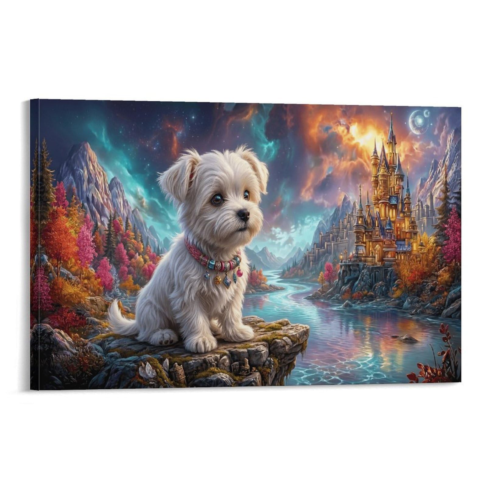 XPASHIQWC Maltese Puppy Wall Decor Poster Galaxy Castle Canvas Prints Picture Modern Canvas Wall Art Picture Wall Hanging for Home Decorations 24x36inch(60x90cm)