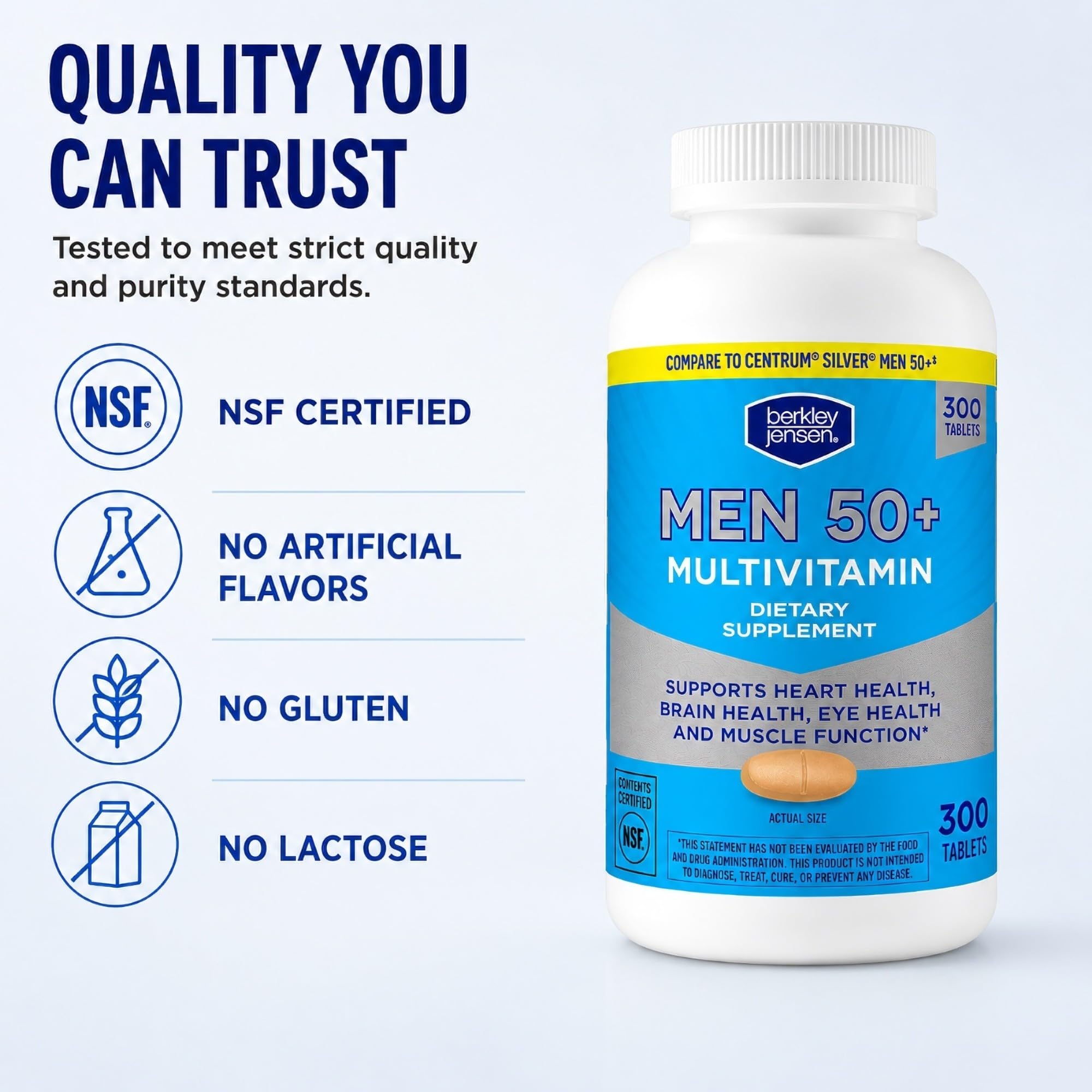 berkley jensen Men's Multivitamin for Men 50 Plus, Multimineral Supplement with Vitamin D3, C, Zinc, B Vitamins, Supports Memory and Cognition in Older Adults, NSF Certified, 300 Count, 300 Day Supply — Amazon image 3