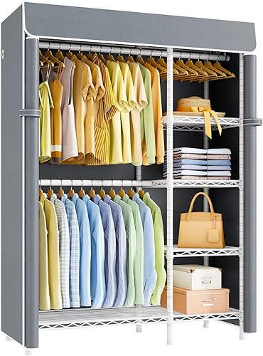 Miniatura 8 de F2C - Perchero con funda, percheros para colgar ropa, perchero resistente con estantes y barras de suspensión, armario negro con cubierta negra,