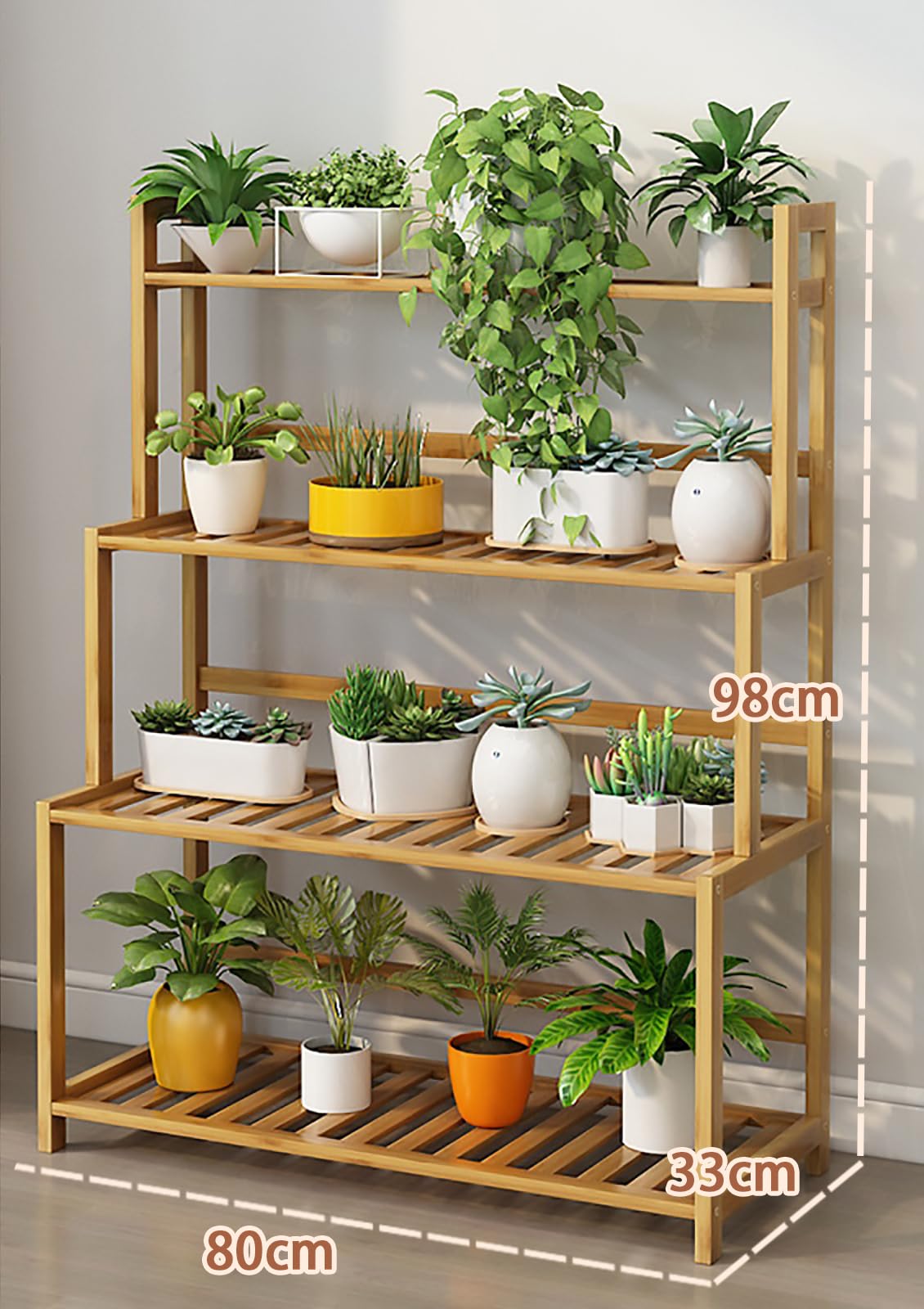 YYW Pflanzenregal aus Bambus Blumenständer für innen draußen, 4 Ebenen-80CM | Bambusholz Vielseitiger Pflanzenständer für Blumentöpfe, Kräuter & Deko, Platzsparendes, für Balkon, Terrasse oder Garten