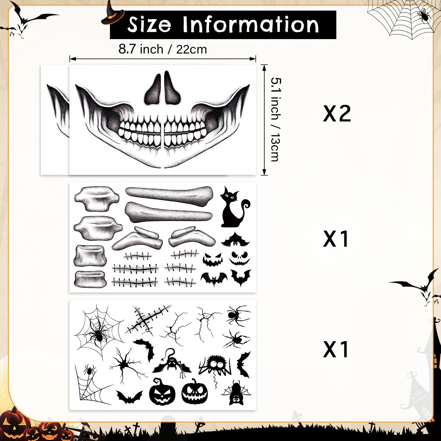 Skull Tattoo Halloween Temporary Face Tattoos for Men and Women, Adult, Skeleton Mouth Tattoo Spider Web Face Sticker 4 Sheets, Horror Zombie Makeup Kit, Scary Halloween Face Decals