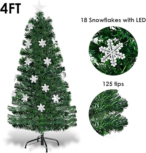 Miniatura 4 de Goplus Árbol de Navidad de fibra óptica preiluminado de 4 pies, árbol completo de Navidad artificial con luces LED de copo de nieve coloridas, 125