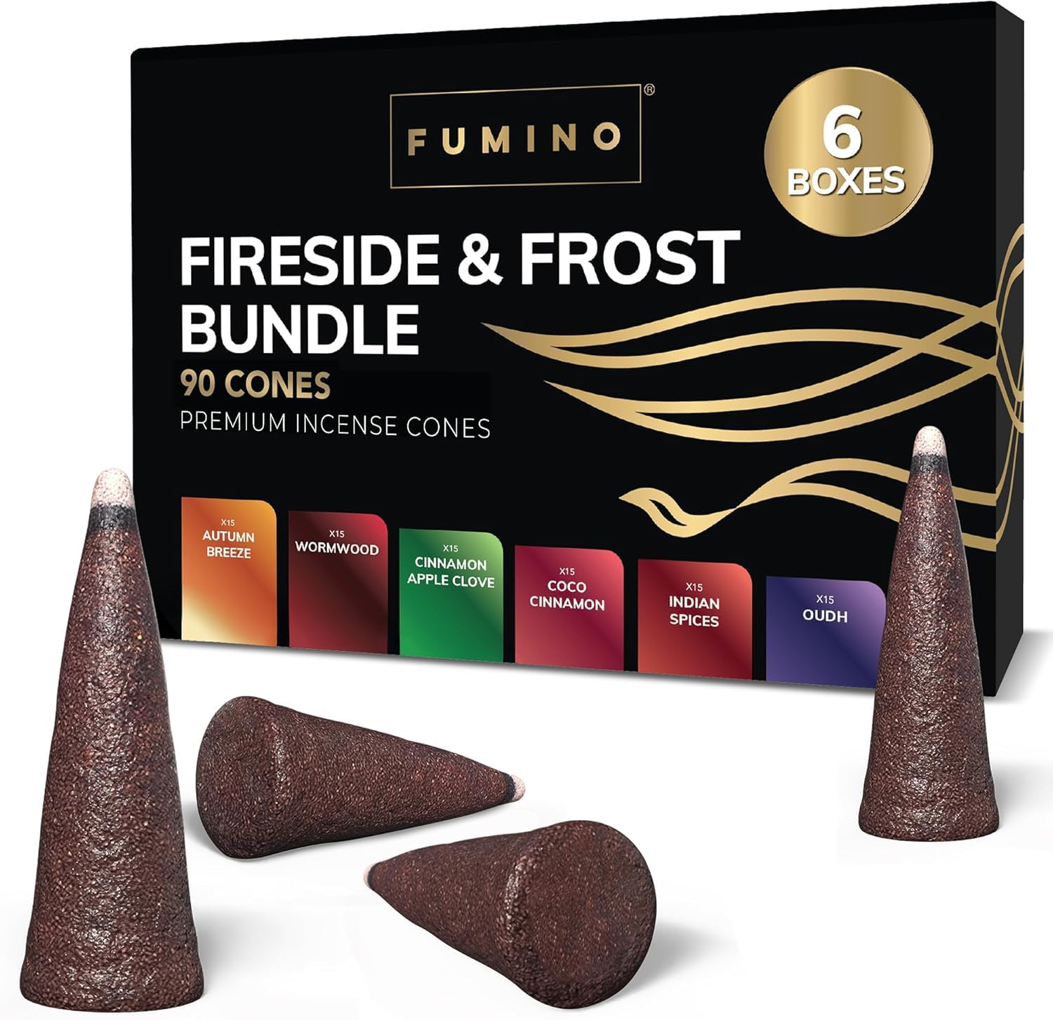 Incense Cones Fumino Fresh Multipack Fireside & Frost Bundle 6 Boxes 90 Pieces Masala Agarbatti Joss Fragrance for Relaxation and Meditation, Home and House Decor Scent