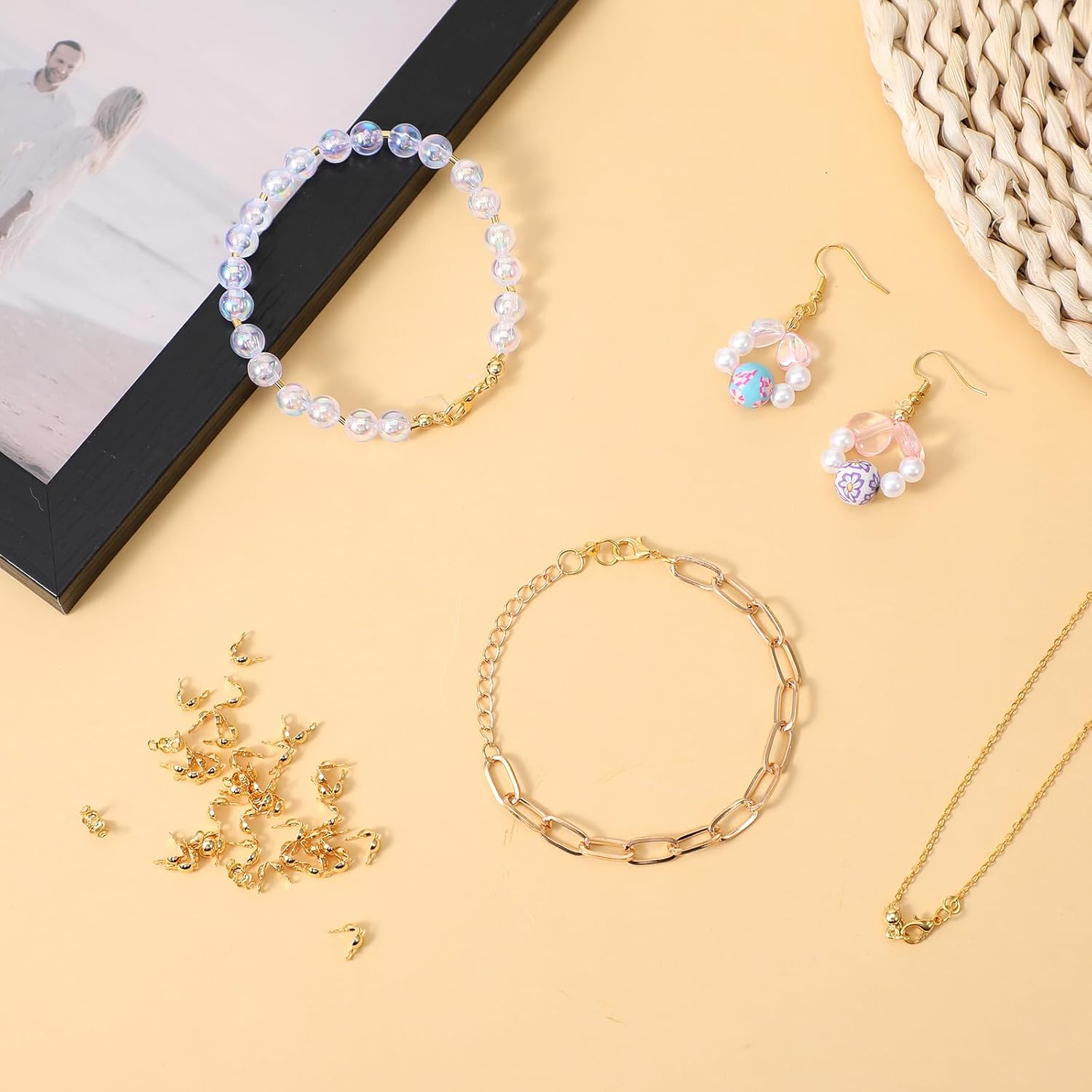 100 Pcs 18K Gold Copper Crimp Bead Covers for Jewelry Making, 4mm 18K Gold Crimp Beads to Secure Jewelry Strings, Clamshell Fold-Over Golden Crimps Bead Cover for DIY Bracelets Necklaces Earring - Image 6