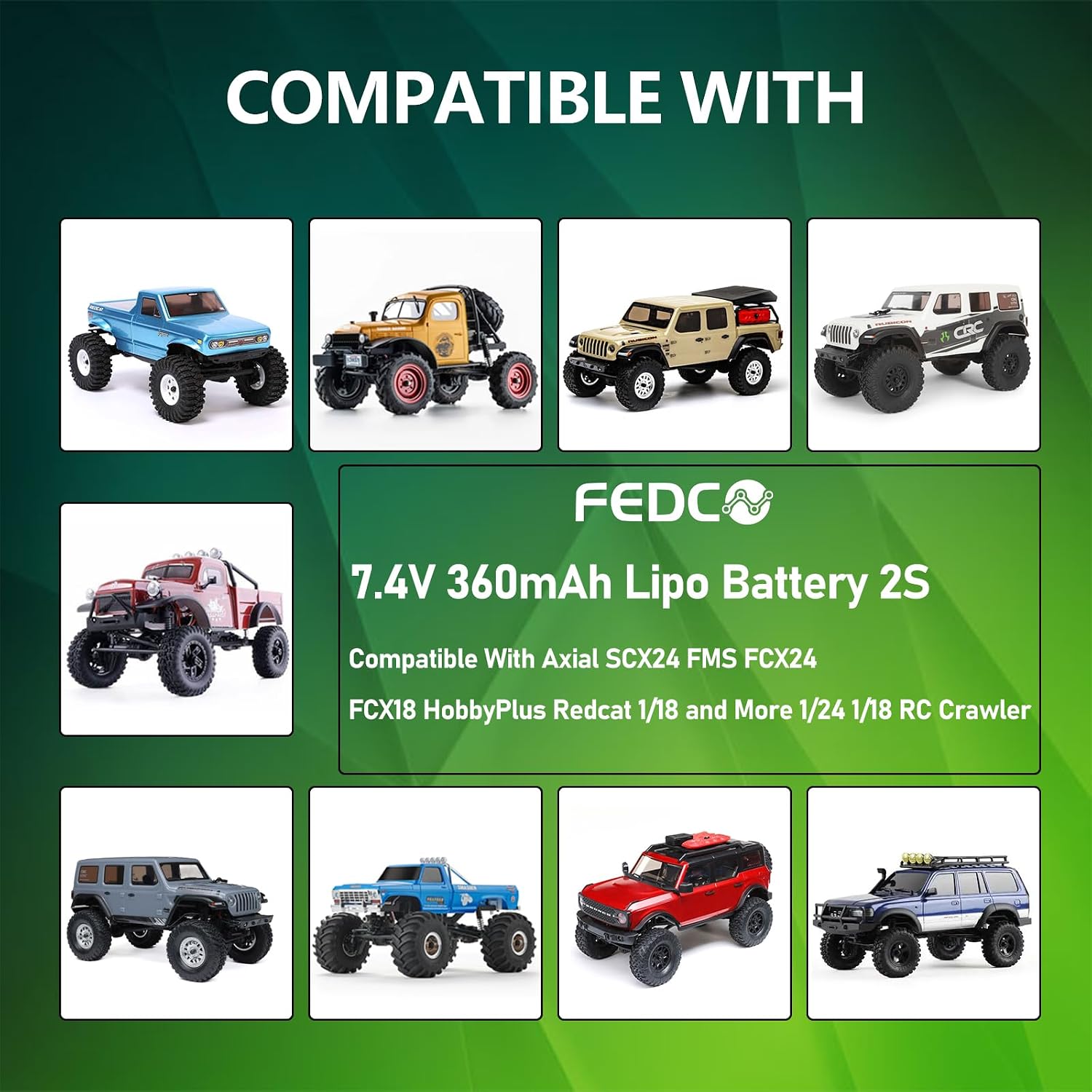 SCX24 Battery 7.4V Lipos 2S 360mAh Rechargeable Mini Lithium Battery with JST & MJ & PH2.0 & MX2.0 Discharge Plug Fit for SCX24 RC Car WLtoys RC Truck Power for Airplane