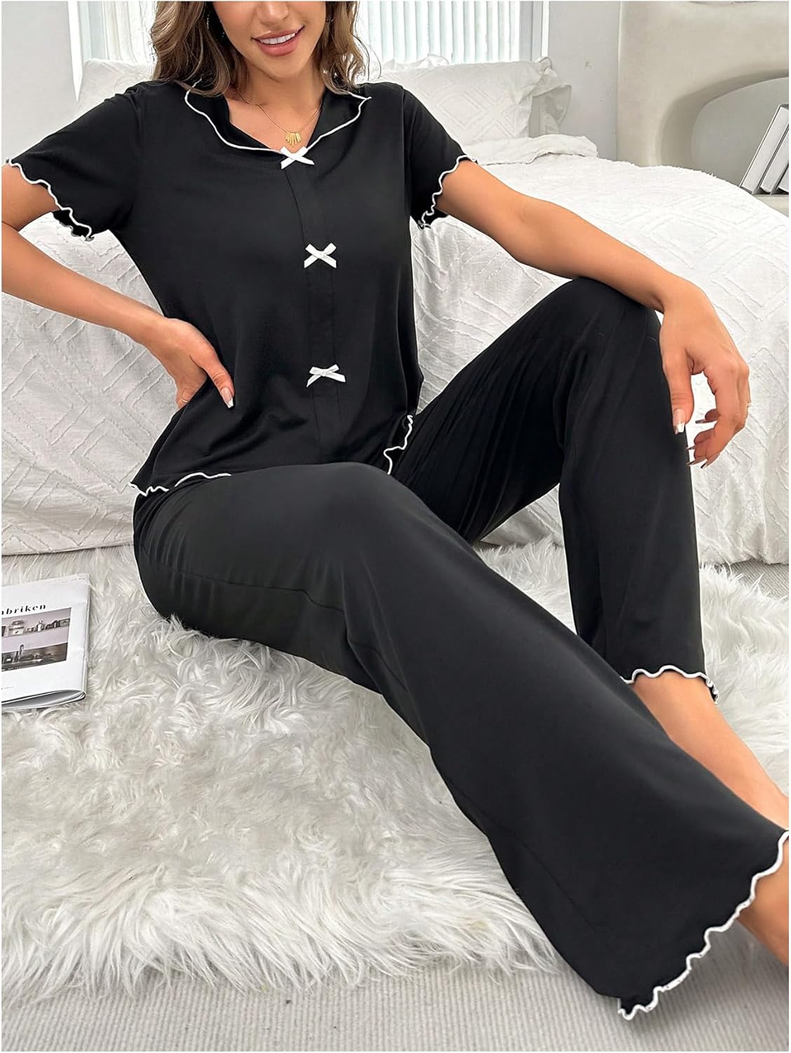 Women's 2 Piece Lounge Set Bow Short Sleeve Shirt and Pants Pajamas Sets Sleepwear - Image 3