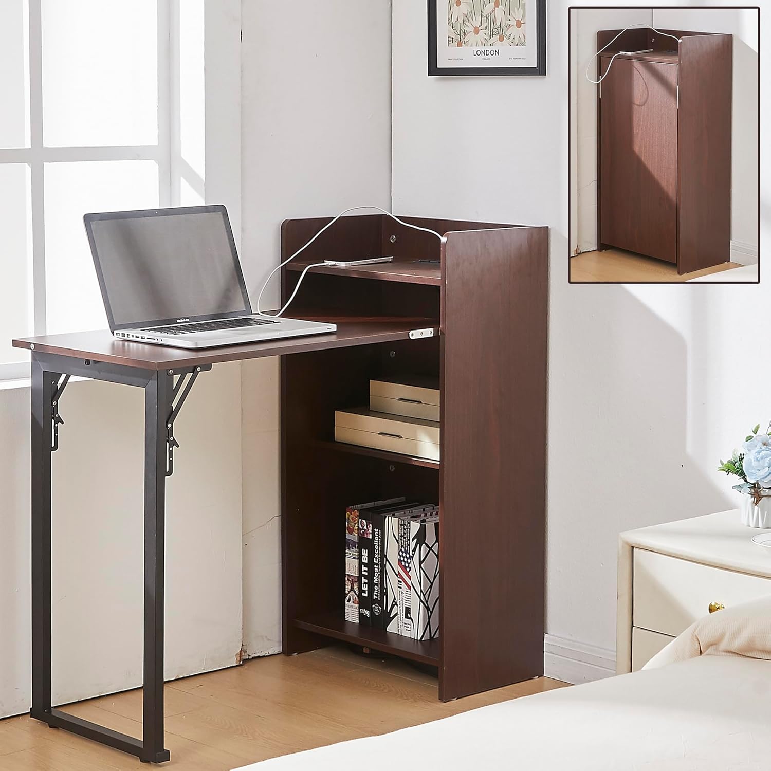 Fold Out Desk with Storage and Built-in Outlet, Mid Century Foldable Desk for Small Spaces, Hidden Folding Table for Home Office or Bedroom (Brown)