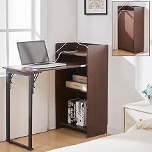 Fold Out Desk with Storage and Built-in Outlet, Mid Century Foldable Desk for Small Spaces, Hidden Folding Table for Home Office or Bedroom Brown