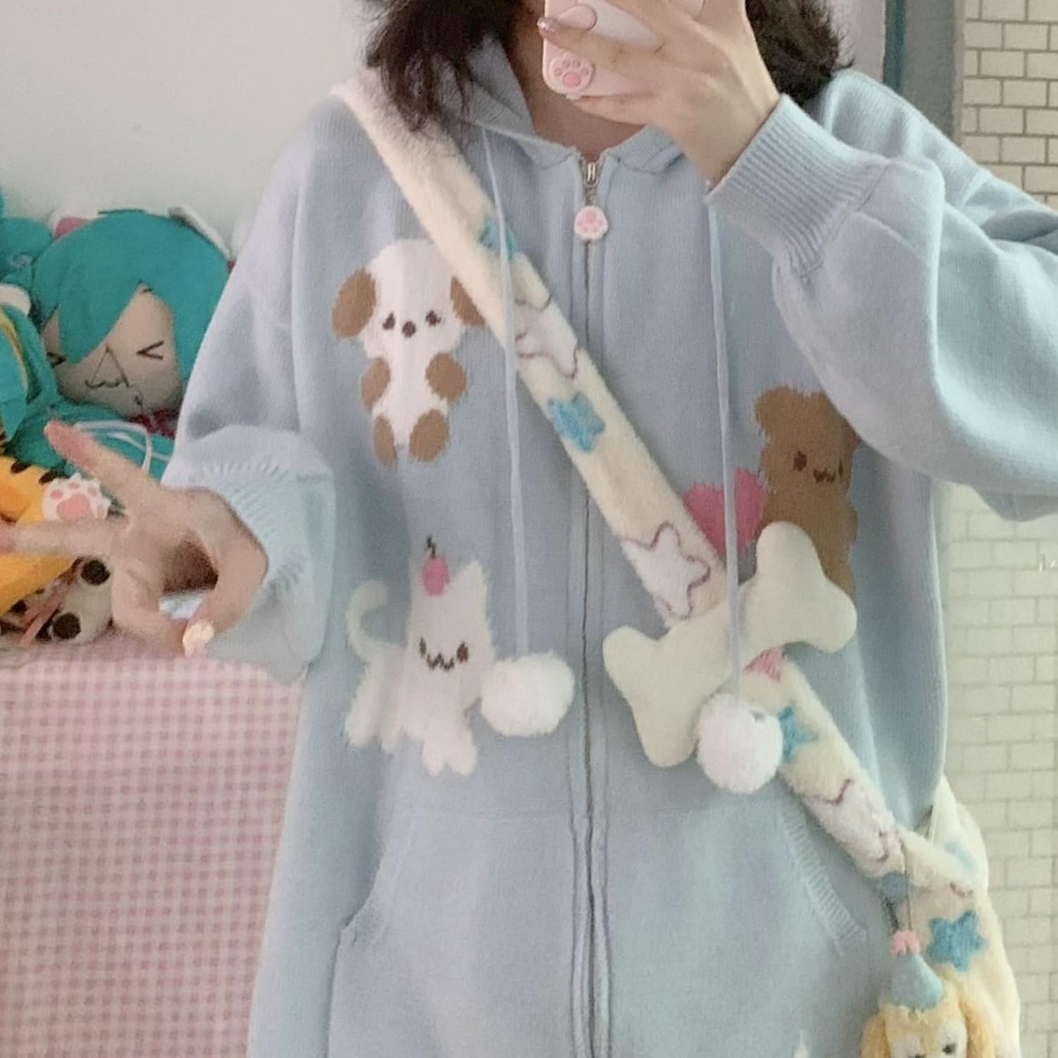 Kawaii Animal Graphic Knitted Cardigan Cutecore Cat Print Sweater Star Sweater Shoujo