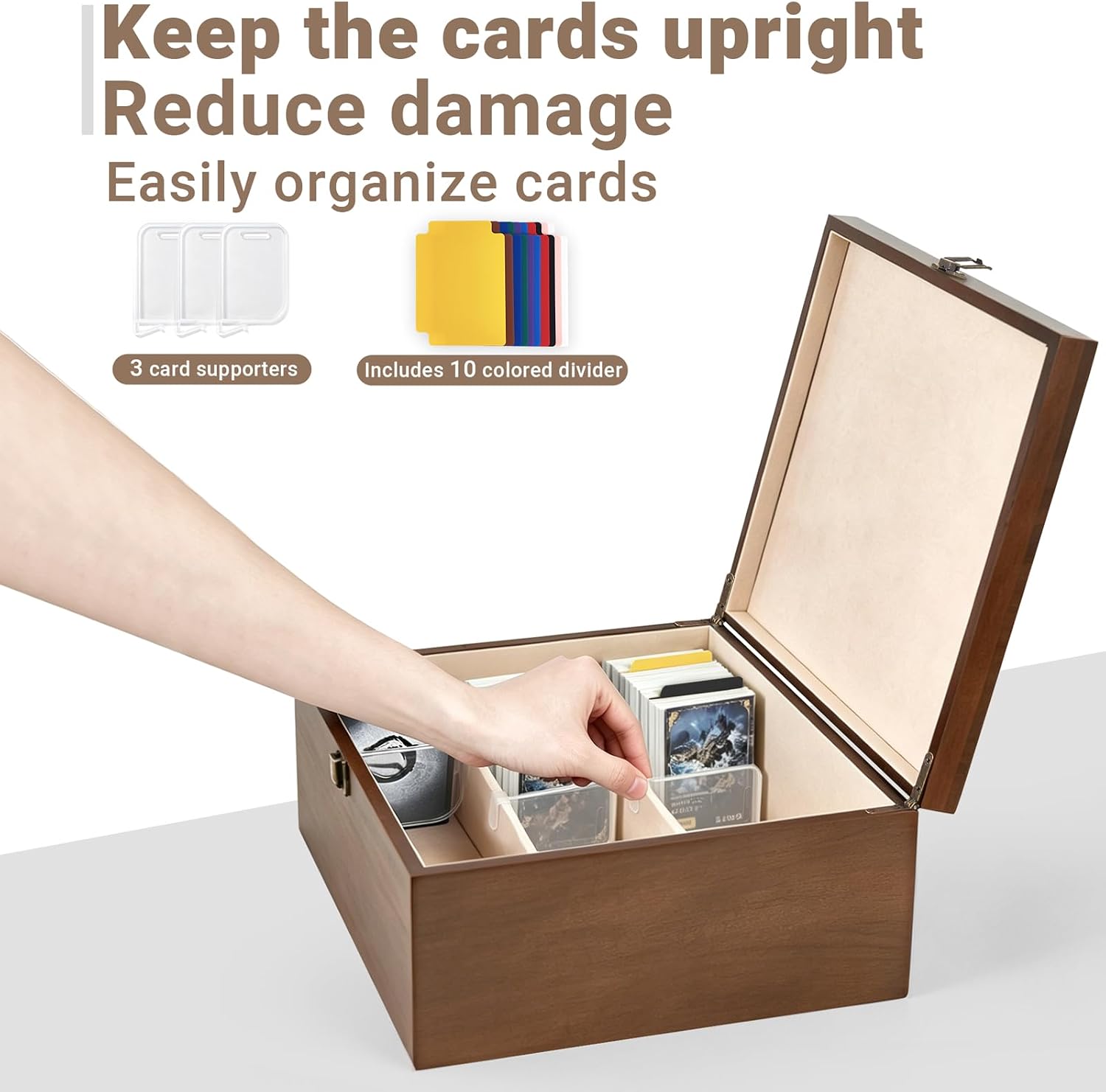 Mkono Trading Card Storage Box, Holds 1800+ Cards with 10 Colorful Dividers & 3 Card Supporters, 3 Row Wooden Commander Deck Case Holder Organizer Fits for MTG, YGO, TCG, PTCG and Sport Cards
