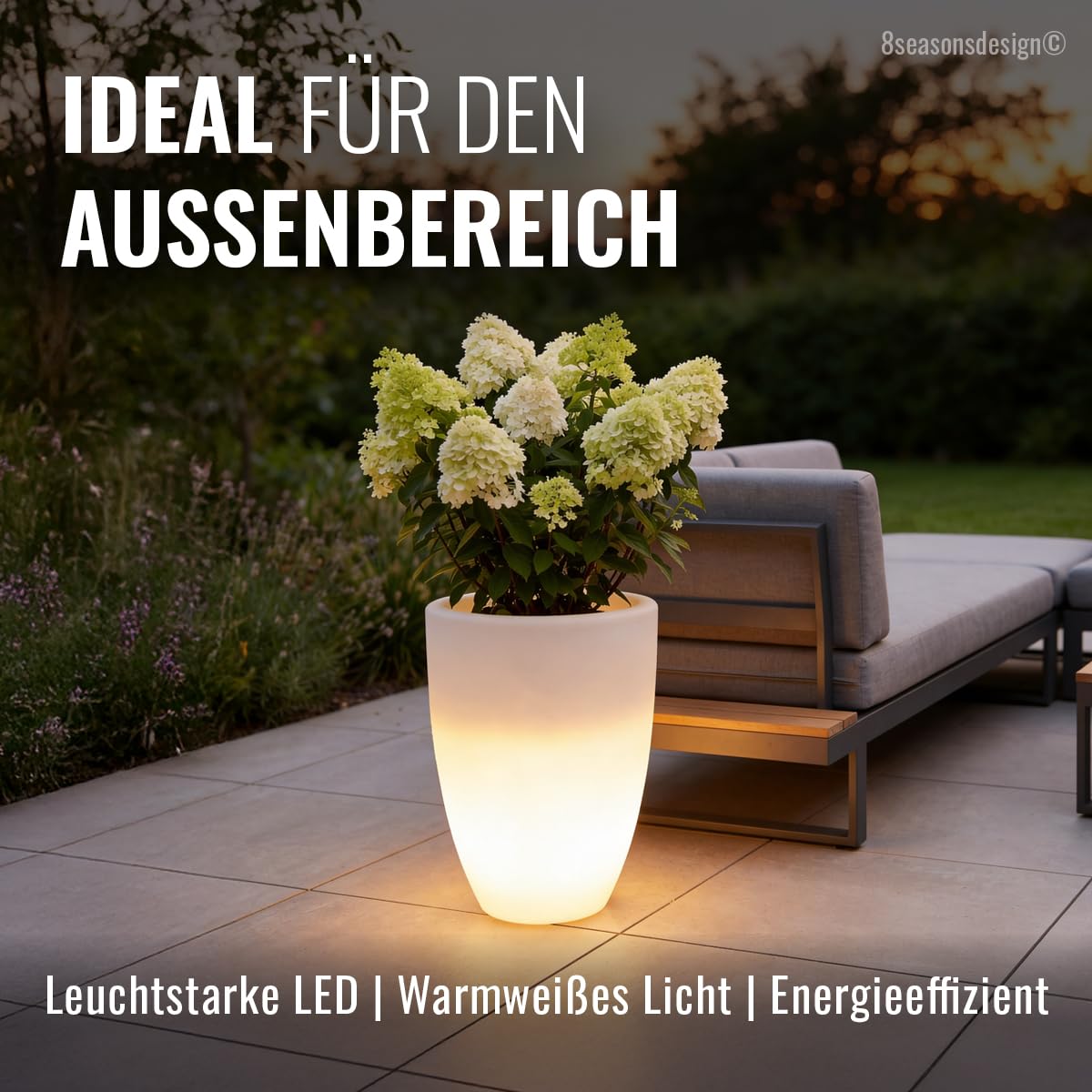 8 seasons Design LED Pflanzkübel 39 x 51cm, Shining Curvy Pot M (Weiß) E27, warmweißes Licht – wetterfest – beleuchteter Blumentopf für außen (Garten, Terrasse, Balkon) und innen