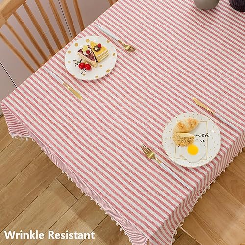 Miniatura 3 de TruDelve Mantel rectangular de lino de algodón a rayas rojas y blancas con borlas, mantel rectangular (rectangular, 55 x 70 pulgadas, rojo)