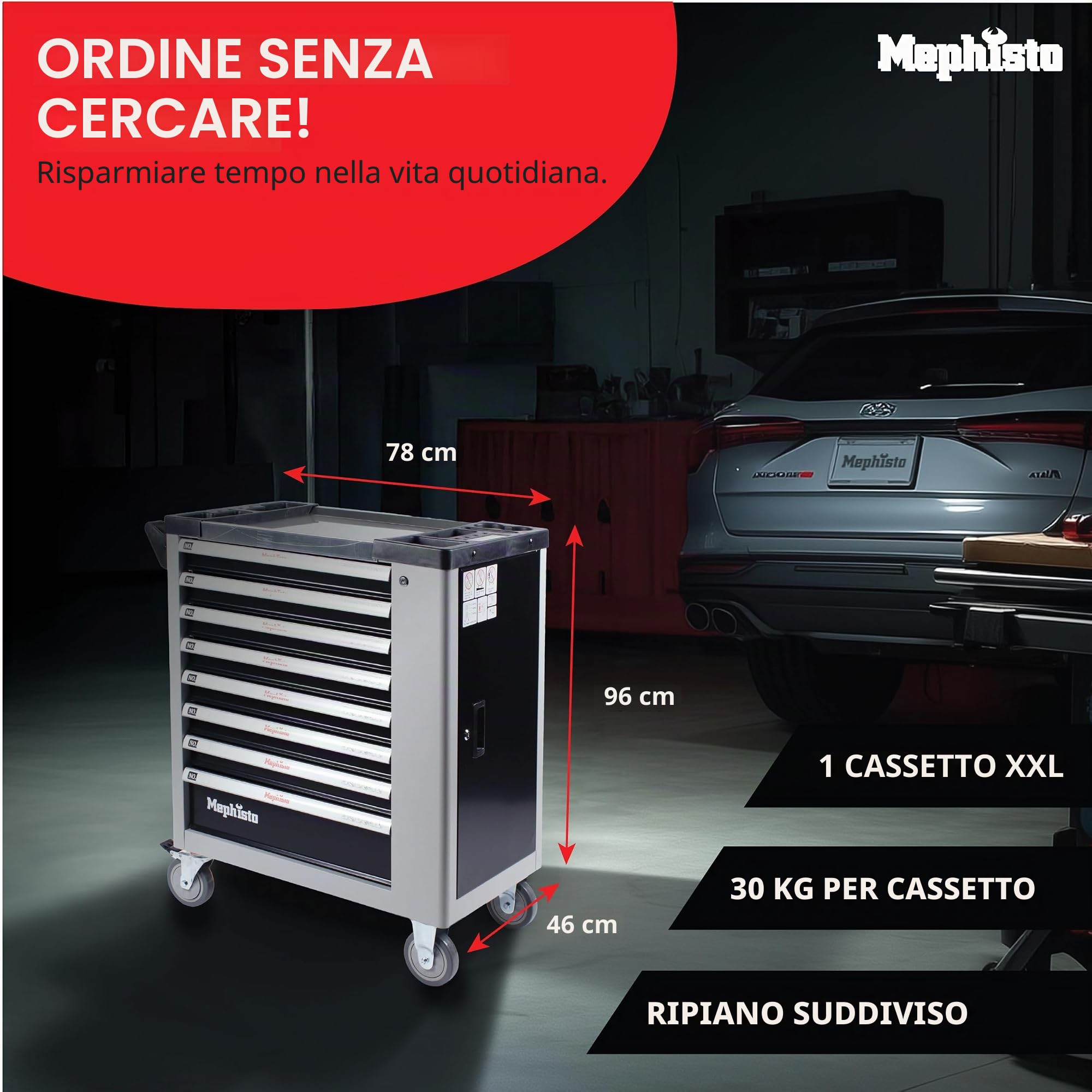 Mephisto Carrello portautensili premium con 8 cassetti, senza attrezzi | Carrello da officina vuoto con ripiano in acciaio inox