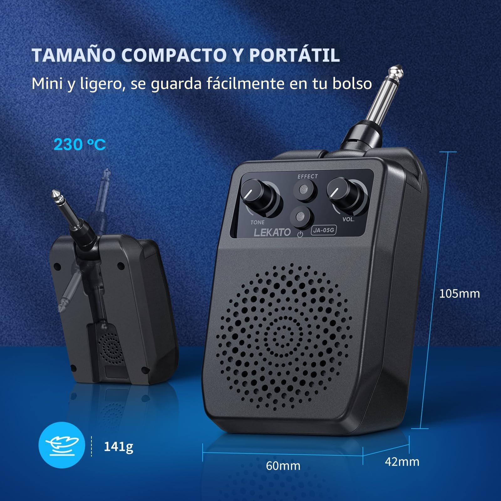 LEKATO Mini Amplificador Portátil 5W - Amplificador de Guitarra Eléctrica Recargable con Bluetooth y Multi-Effets Integrados