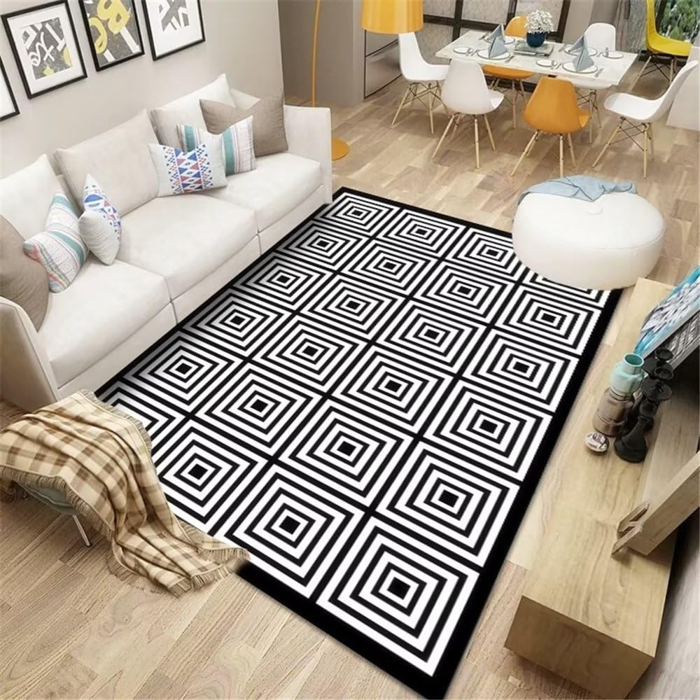 Tapis lavable et durable noir motif treillis rayé 160x230cm résistant aux taches de salon