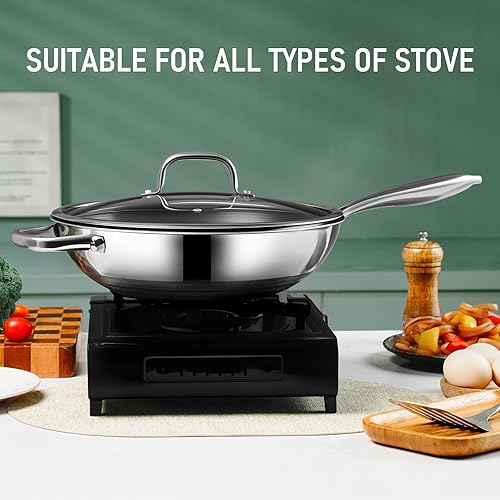 Miniatura 6 de Wok híbrido de 12 pulgadas con tapa, woks antiadherentes de acero inoxidable y sartenes para freír, mango que se mantiene fresco, utensilios de