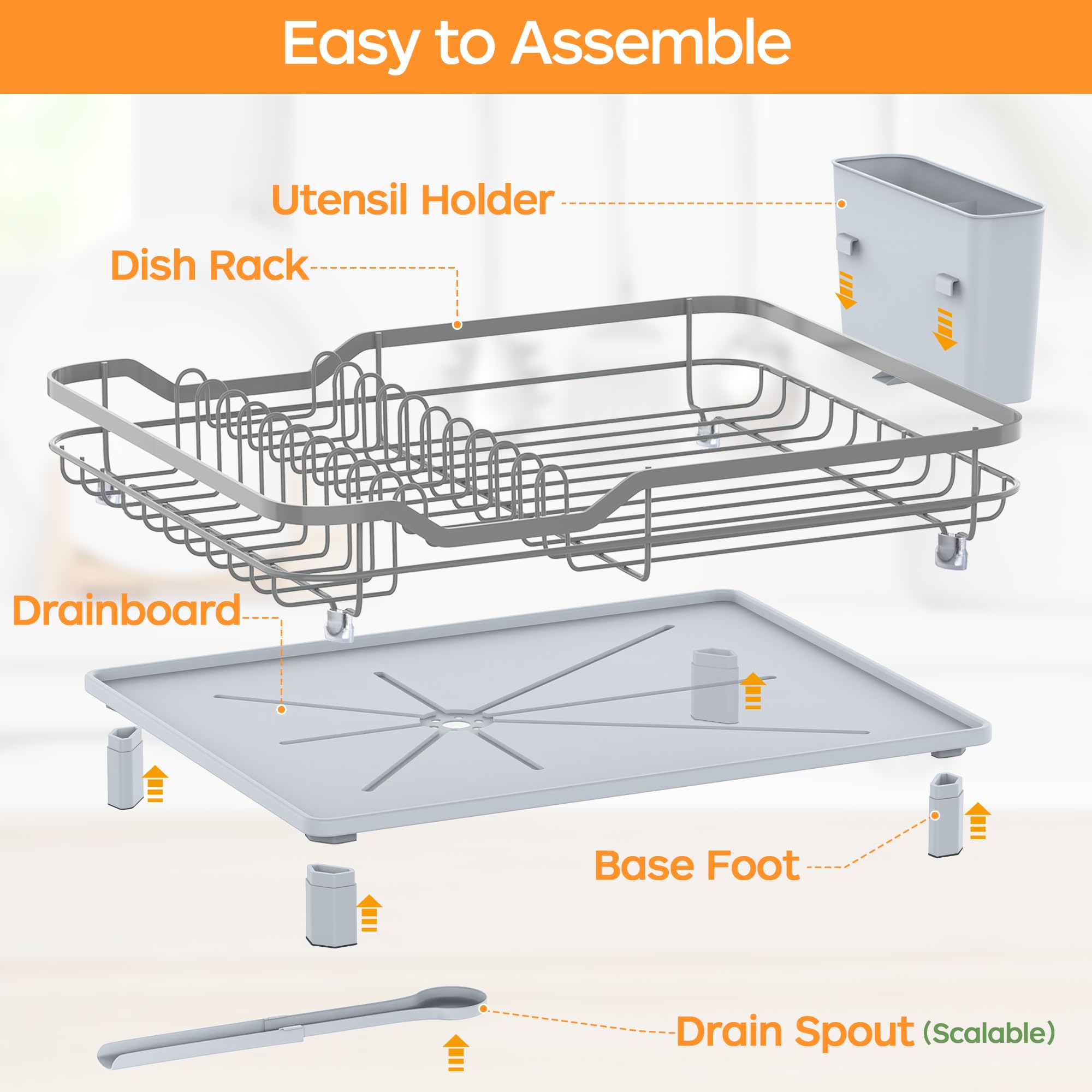 ROTTOGOON Escurreplatos de acero inoxidable para encimera de cocina, escurridor de platos duradero con escurridor, drenaje, soporte para utensilios para varios utensilios de cocina, 16.9 pulgadas de