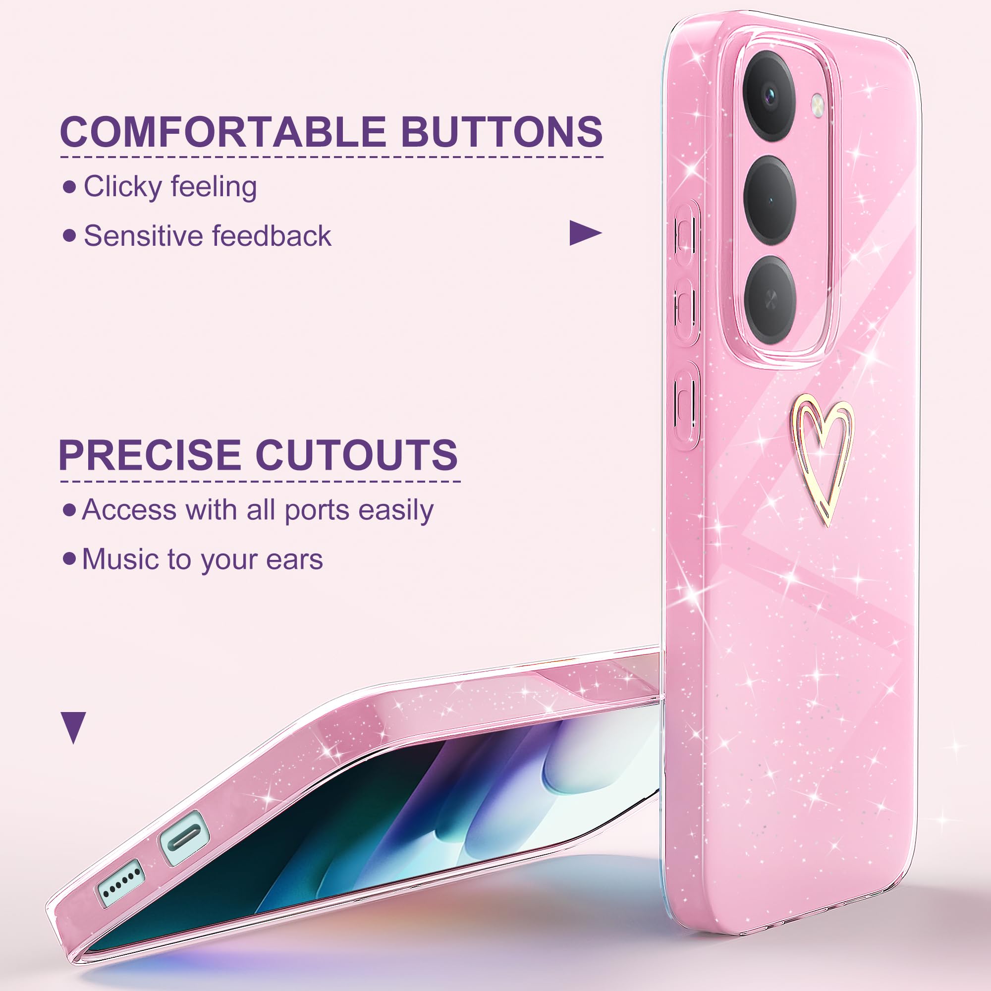 Pokrowiec na Xiaomi Redmi 15 4G/5G Glitter TPU Silikonowe błyszczące etui z ochroną aparatu Cienkie serce wzór miękkie odporne na wstrząsy ochronne etui do Redmi 15, różowy