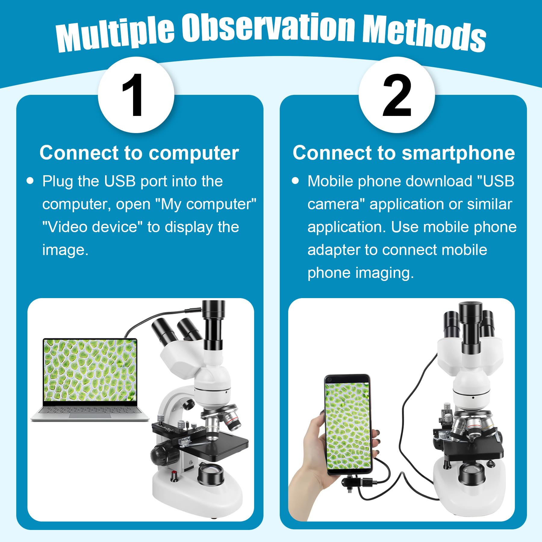 Microscope Trinoculaire Composé avec Oculaire Électronique, Agrandissement 40X à 5000X Microscope Professionnel pour Adultes, Inclut Oculaires WF10X et WF25X, Platine Mécanique et 30 Lames Préparées