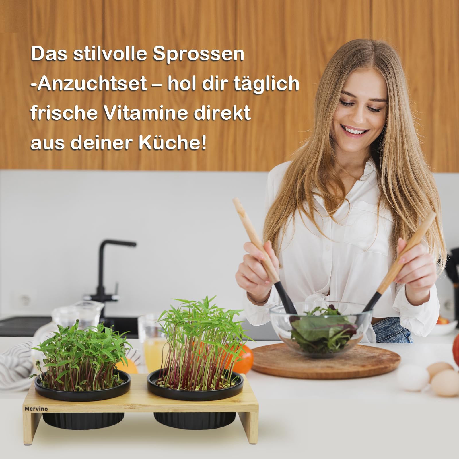 Mervino Kresse Anzuchtschalen Set mit 2 Hochwertigen Keramik-Anzuchtschalen, 2 Edelstahlsieben & Bambusständer – Praktisches Sprossen Anzuchtset für Microgreens, Kressesamen und Keimlinge,Schwarz