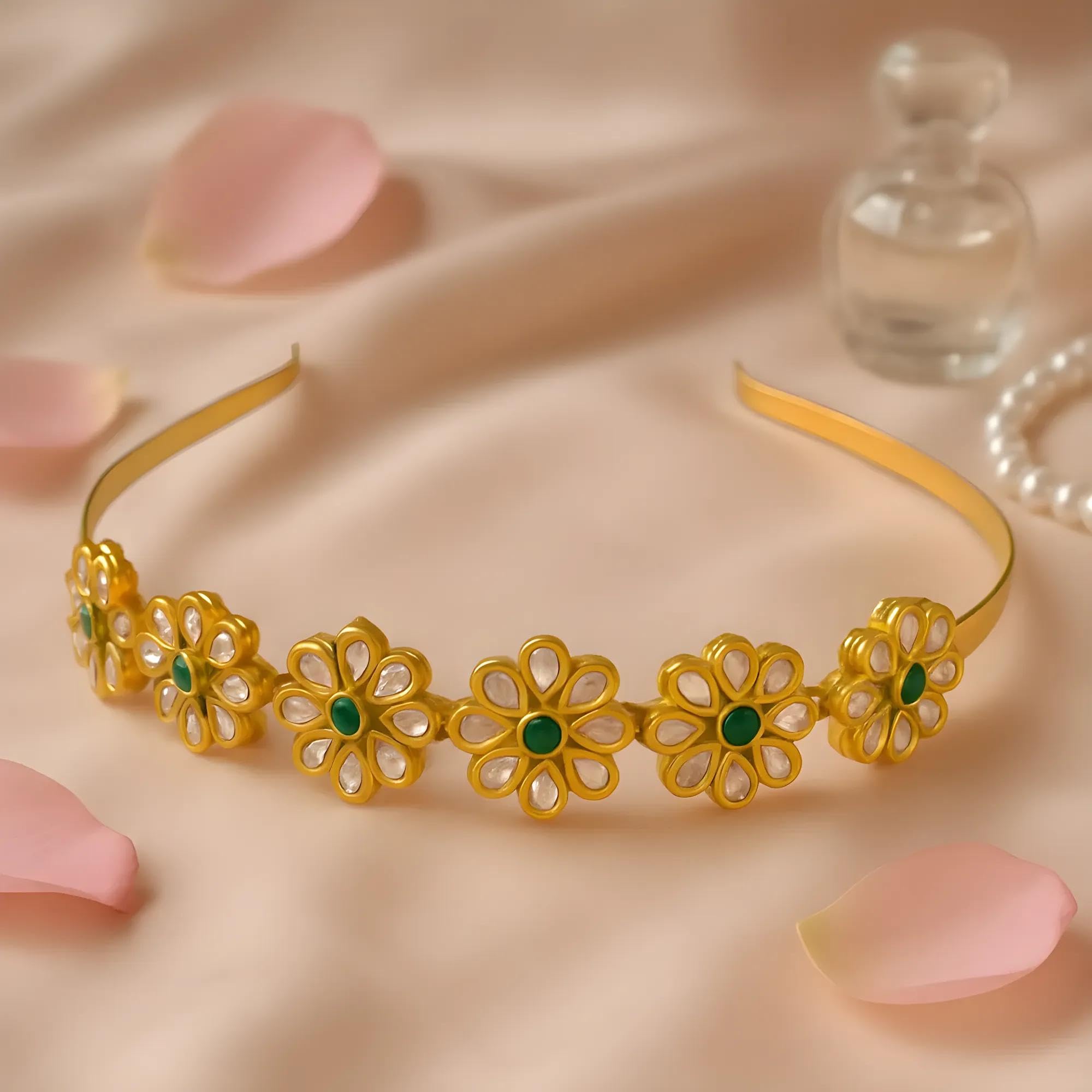 OMID, Gold-Plated Designer Floral Headband for Women & Girls β Kundan Style Hair Accessory with Green Center Stones 2