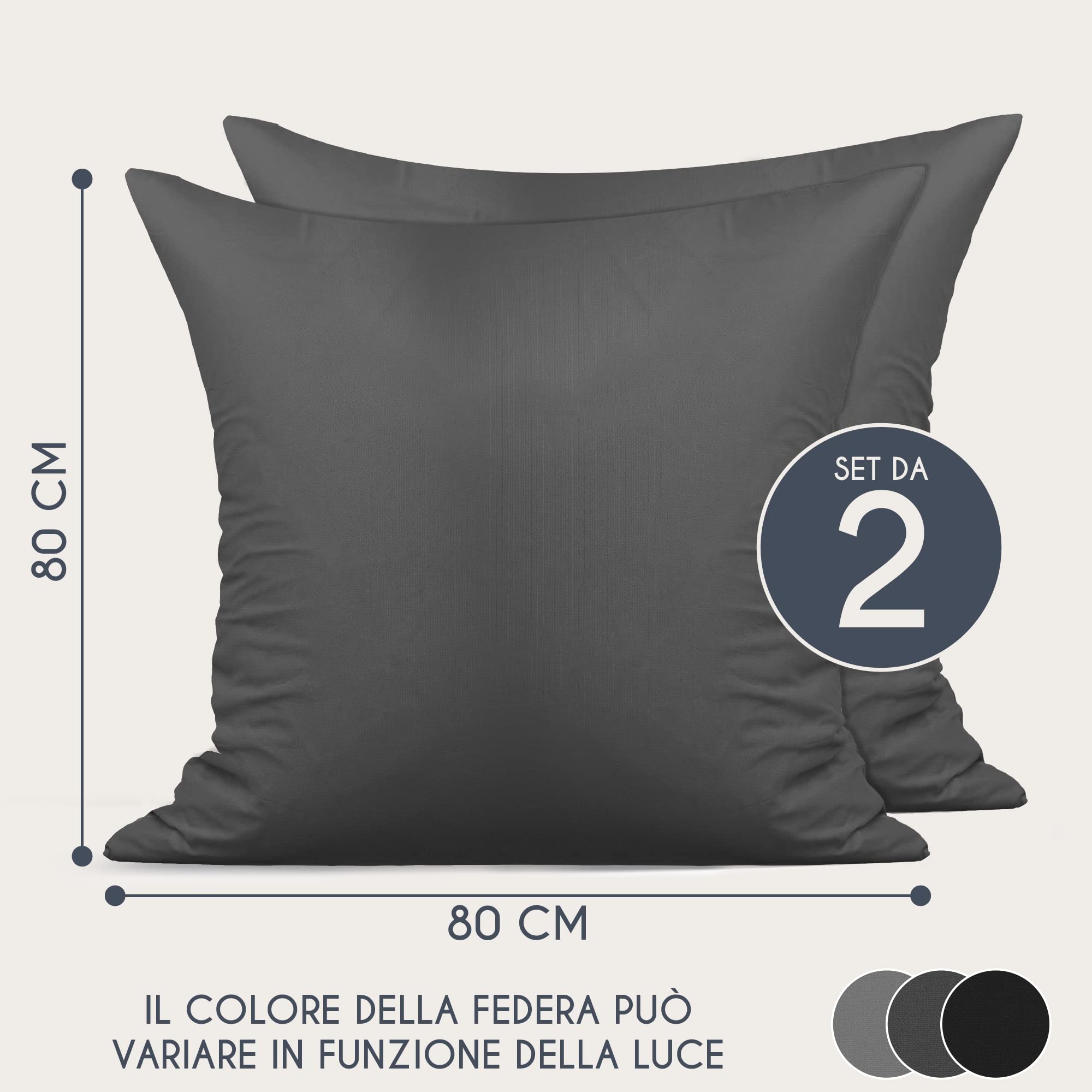 Federe 80x80 Cotone Rinforzato (Set da 2) - Antracite - Trama Fitta a 57 Fili/cm² - Federe Cuscini 80x80 cm - Federe Cuscino 80x80 Certificate Oeko Tex - Dreamzie