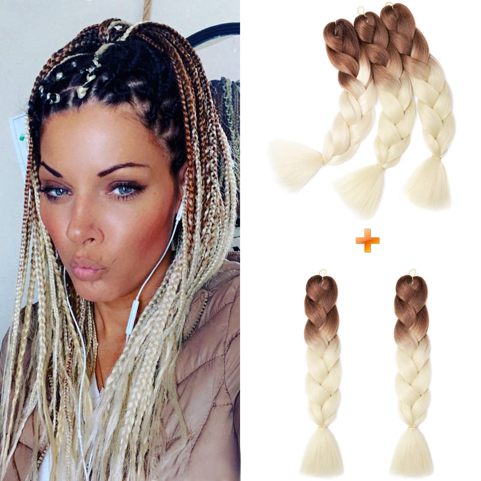 Gairyan Treccine Africane Extension per Treccine Afro Capelli Finti 60cm Ombre Kanekalon 5 pieces, Treccia Capelli Sintetici Crochet Twist Jumbo Braids(Marrone-Beige)