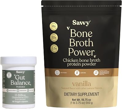 SAVVY Bone Broth Power Vanilla Protein Powder, 22g Protein, 12g Collagen & Gut Balance Probiotics for Women & Men, 15 Billion CFU, 7 Clinically Studied Strains, Digestive Health, Immune Support