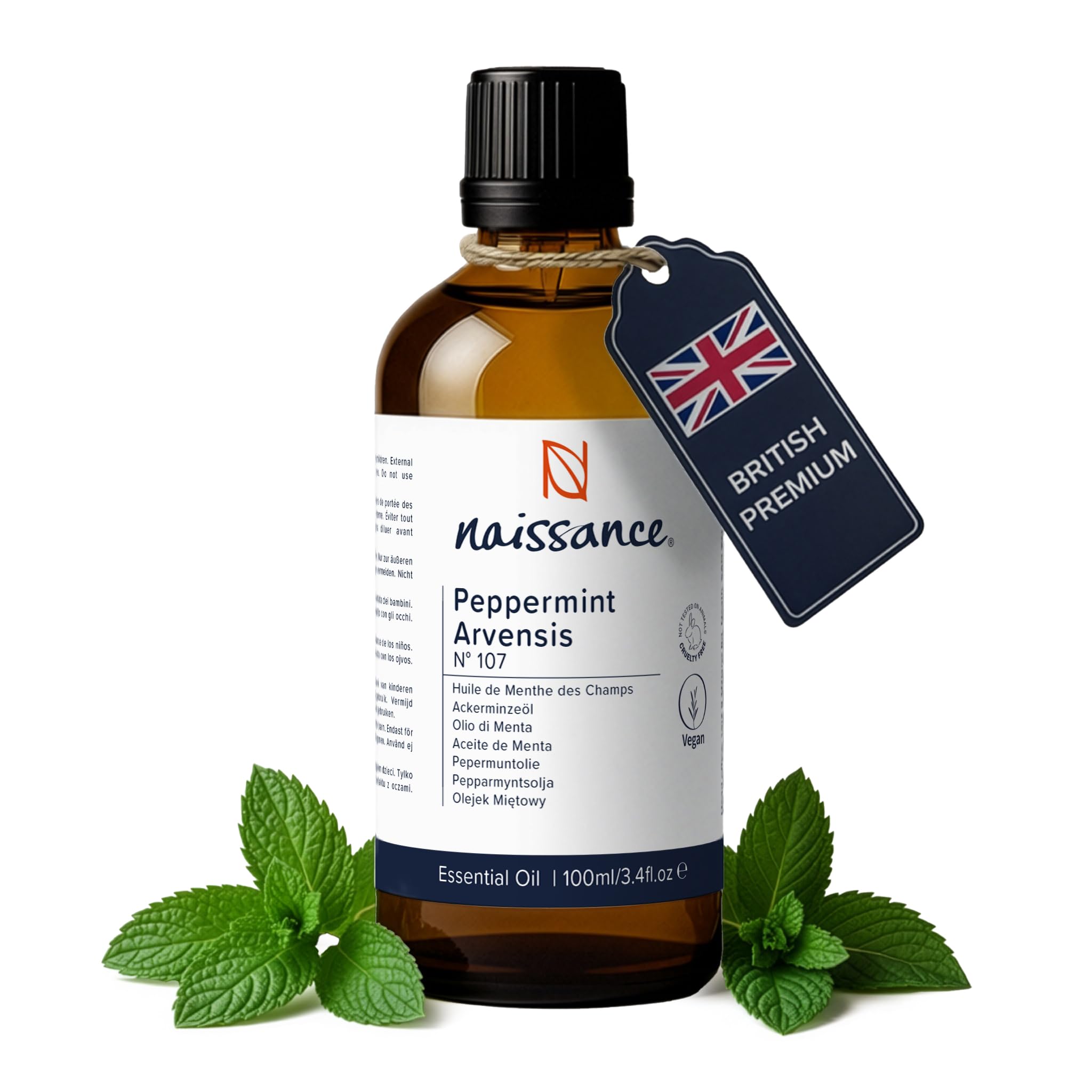 Naissance Olio Essenziale di Menta (No. 107) 100ml - 100% Puro, Naturale, Cruelty Free, Vegan e Non Diluito - Usato in Aromaterapia, Miscele da Massaggio e Diffusori - Aroma Dolce e Fresca