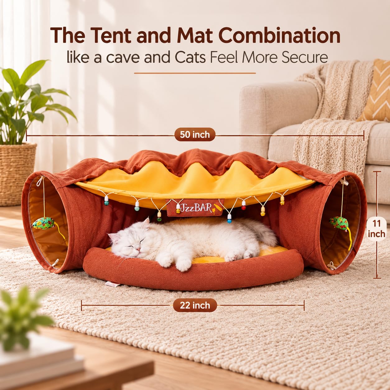 House Of Pets 2-in-1 Cat Bed and Tunnel, Scratch-Resistant Canvas, Collapsible Washable Cushion, Indoor Cozy Play & Rest Space for Small to Large Cats β Jazz Terracotta 2