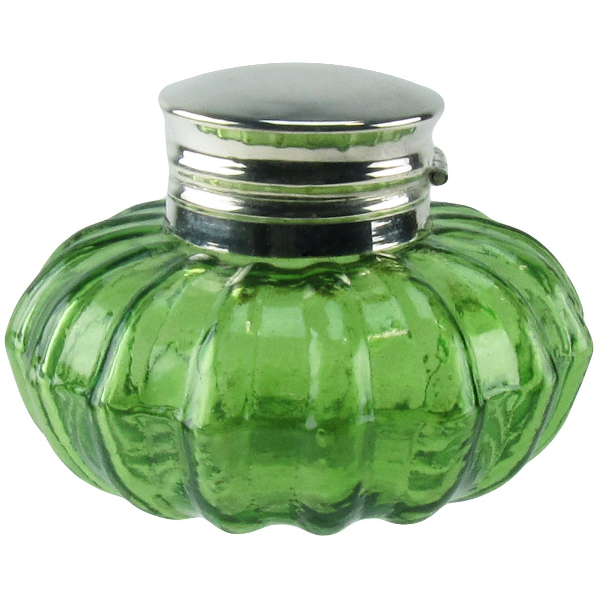 TreasureGurus Antique Reproduction Silver Flip Top Light Green Thick Glass Inkwell