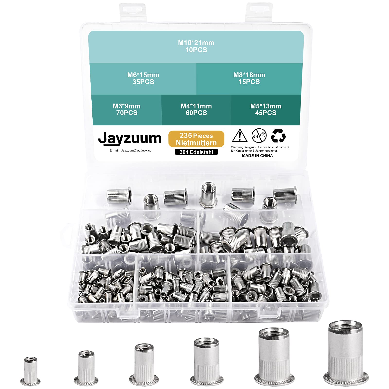 235 Stück Nietmuttern Sortiment Set, M3 M4 M5 M6 M8 M10 A2-70 Edelstahl Zugnietmutter Rivet nuts Muttern mit Aufbewahrungsbox (breit) (235 Stück Nietmuttern)
