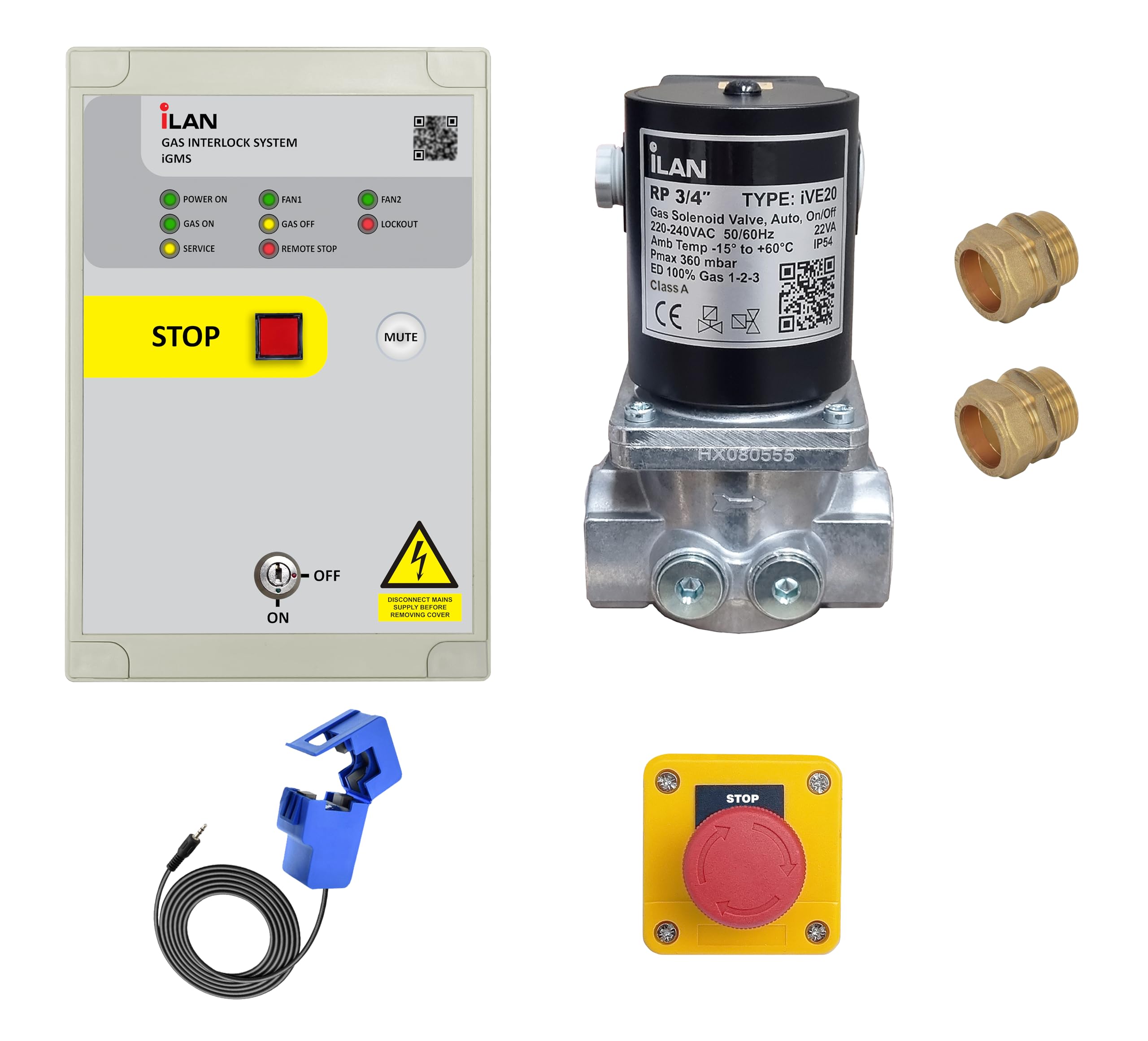 iLAN iGMS Gas Interlock System Kit with Built-in & External Fan Current Clamp Sensors Including Gas Solenoid Valve 3/4" (22mm)