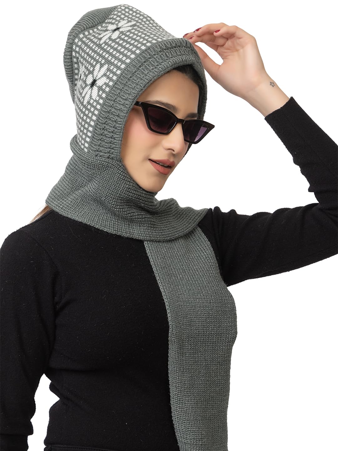 AMOLDO Women's Winter Woolen Soft Warm Knitted Designer Muffler Beanie Cap with Fur | Fleece Printed Woolen Hat with Attached Scarf for Cold Weather