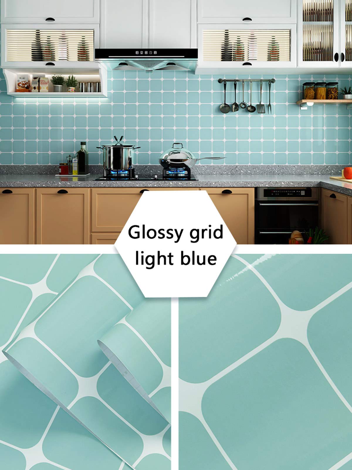 Carta Adesivo Pellicola Adesiva Vinile Decorativo Impermeabile Auto-Adesivoper Mobili Cucina-Griglia Lucida Azzurra 60cm*5m