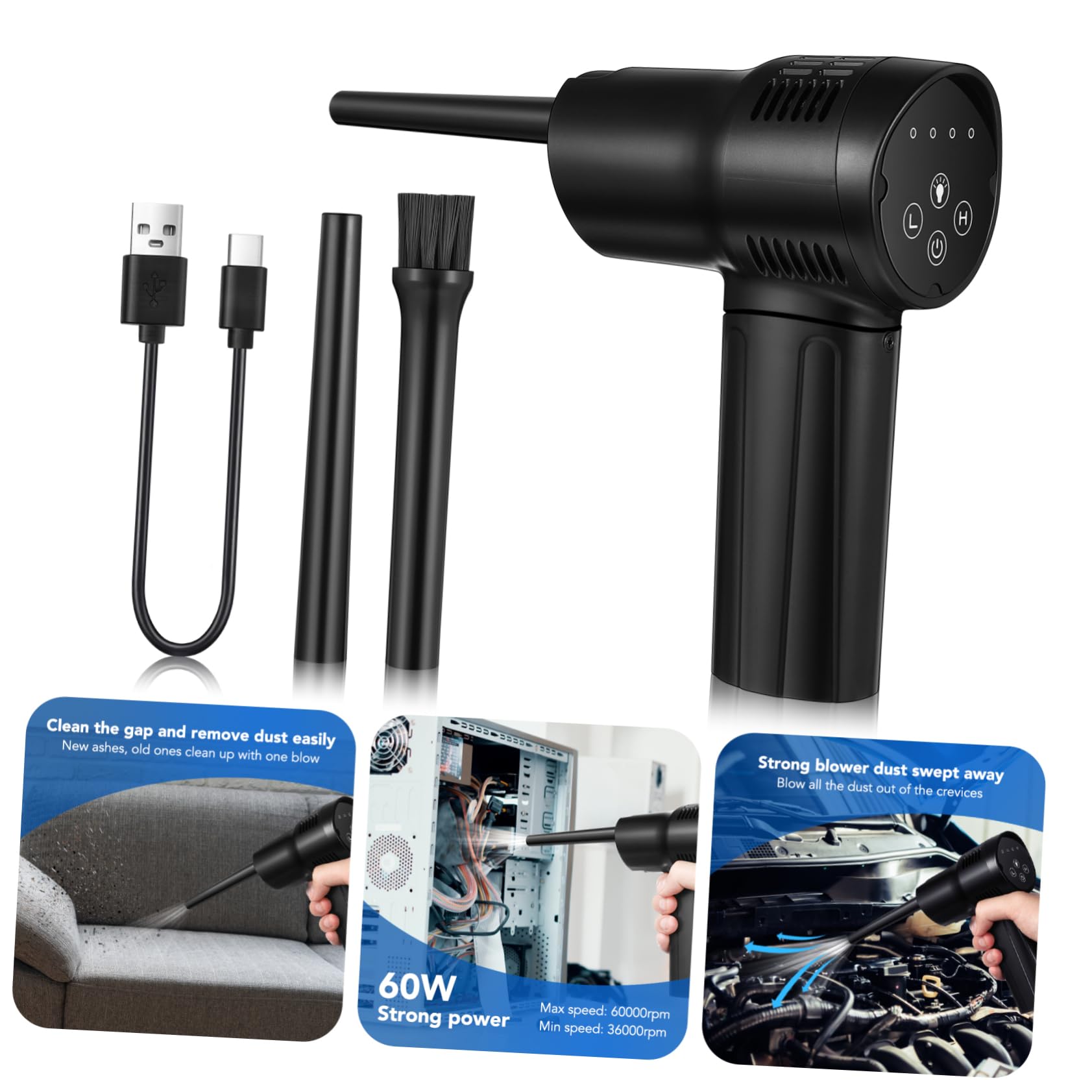 jojofuny Souffleur à Air Comprimé Électrique sans Fil pour Clavier et Ordinateur, Abs Noir, Compact et Léger, Buses, pour Voiture et Ventilation