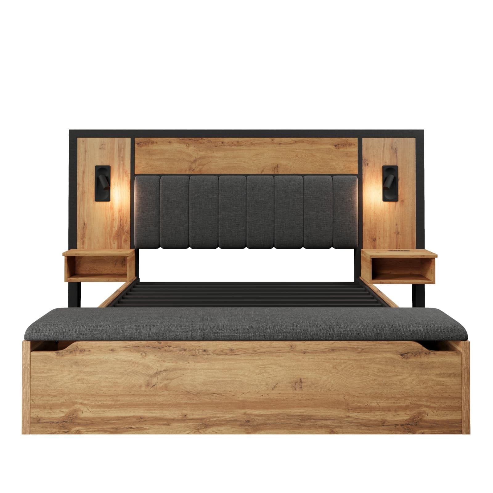 EURHCIO Lit Double 180x200cm,Lit en Bois avec Banc Rangement et 2 Tables de Chevet,Lampes de Lecture et Port USB,Sommier à Lattes Métal,sans Matelas (180x200-B)